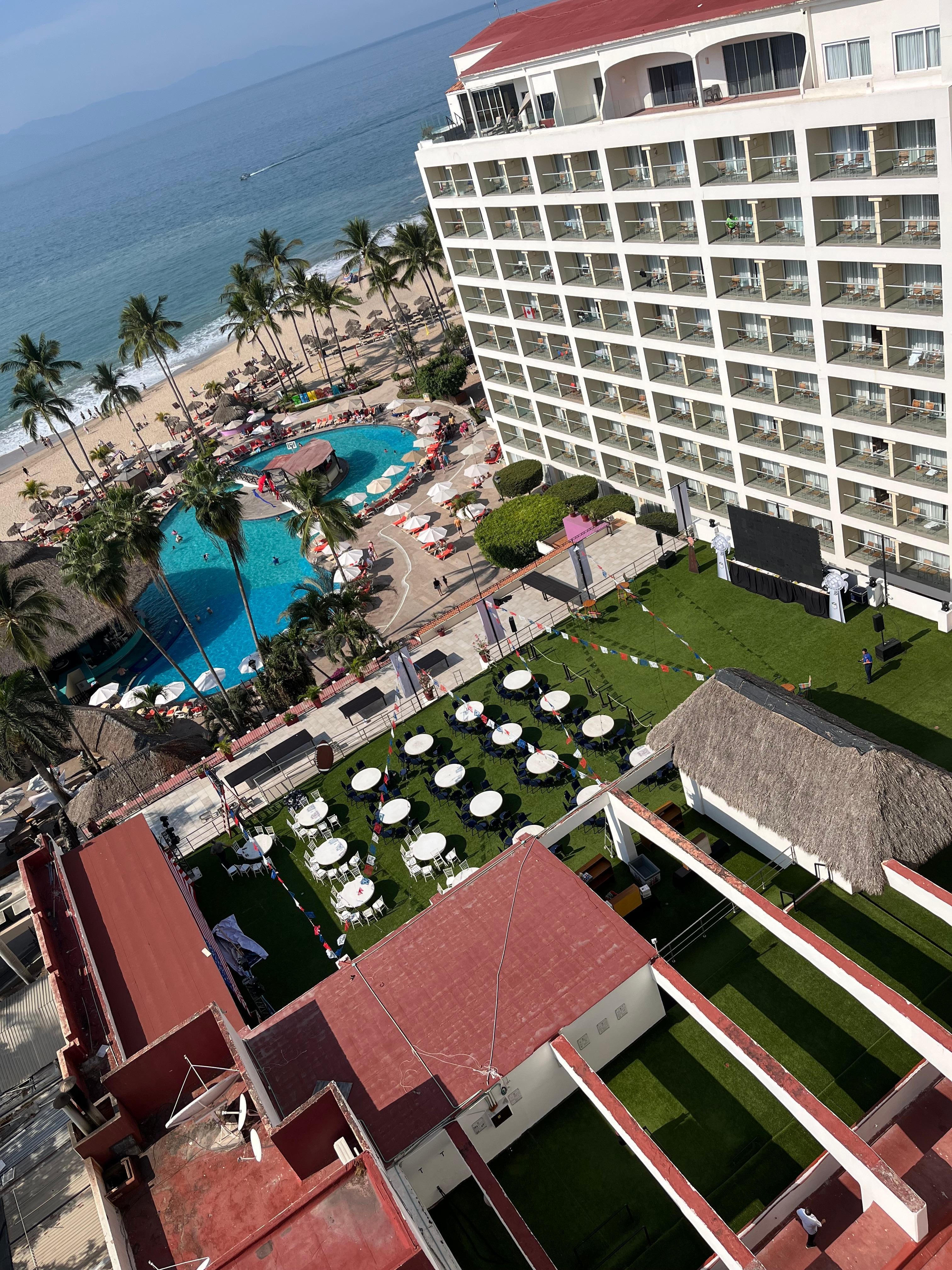 Super Bowl party below us.