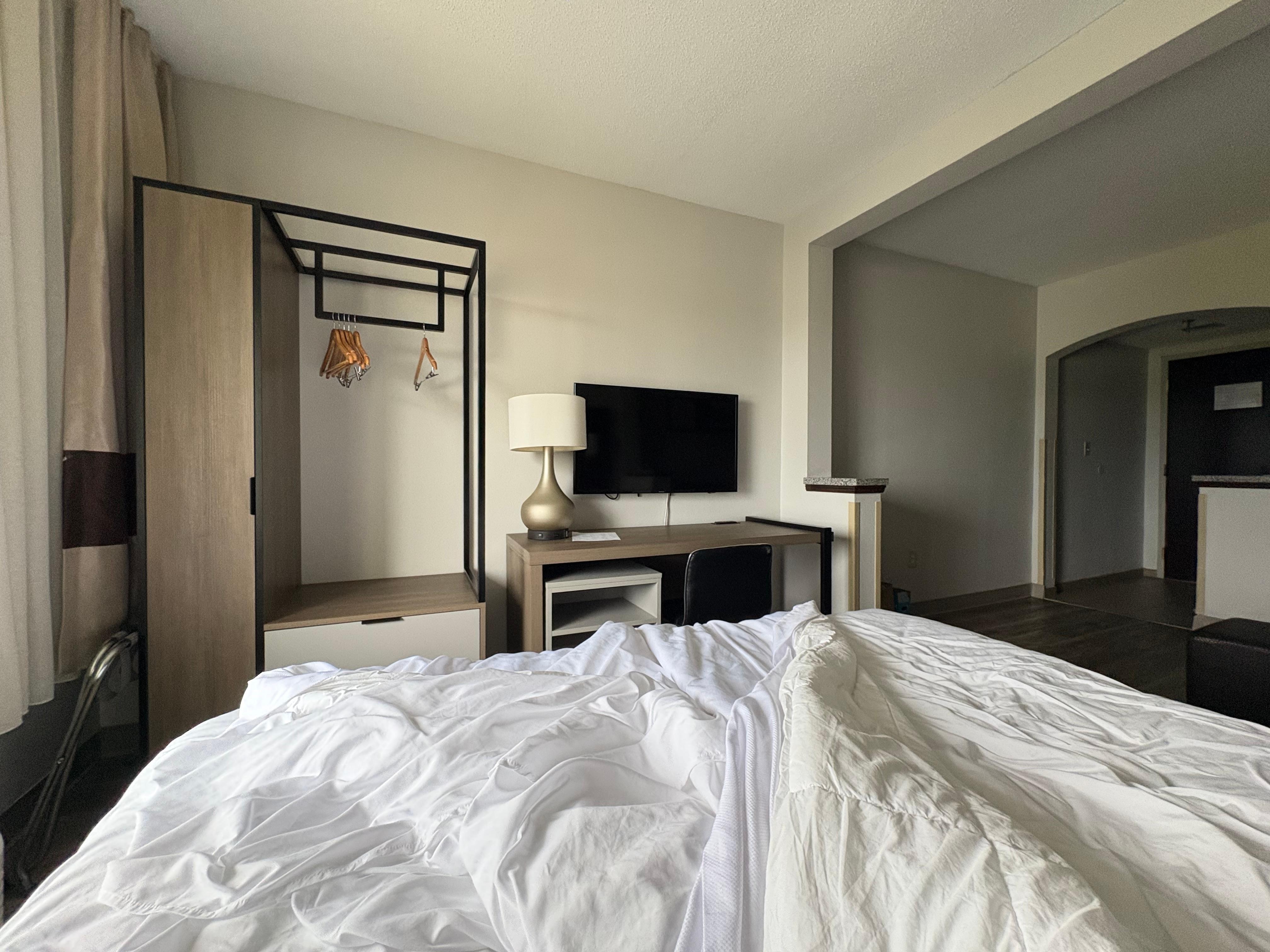 Jammed around the bed. 