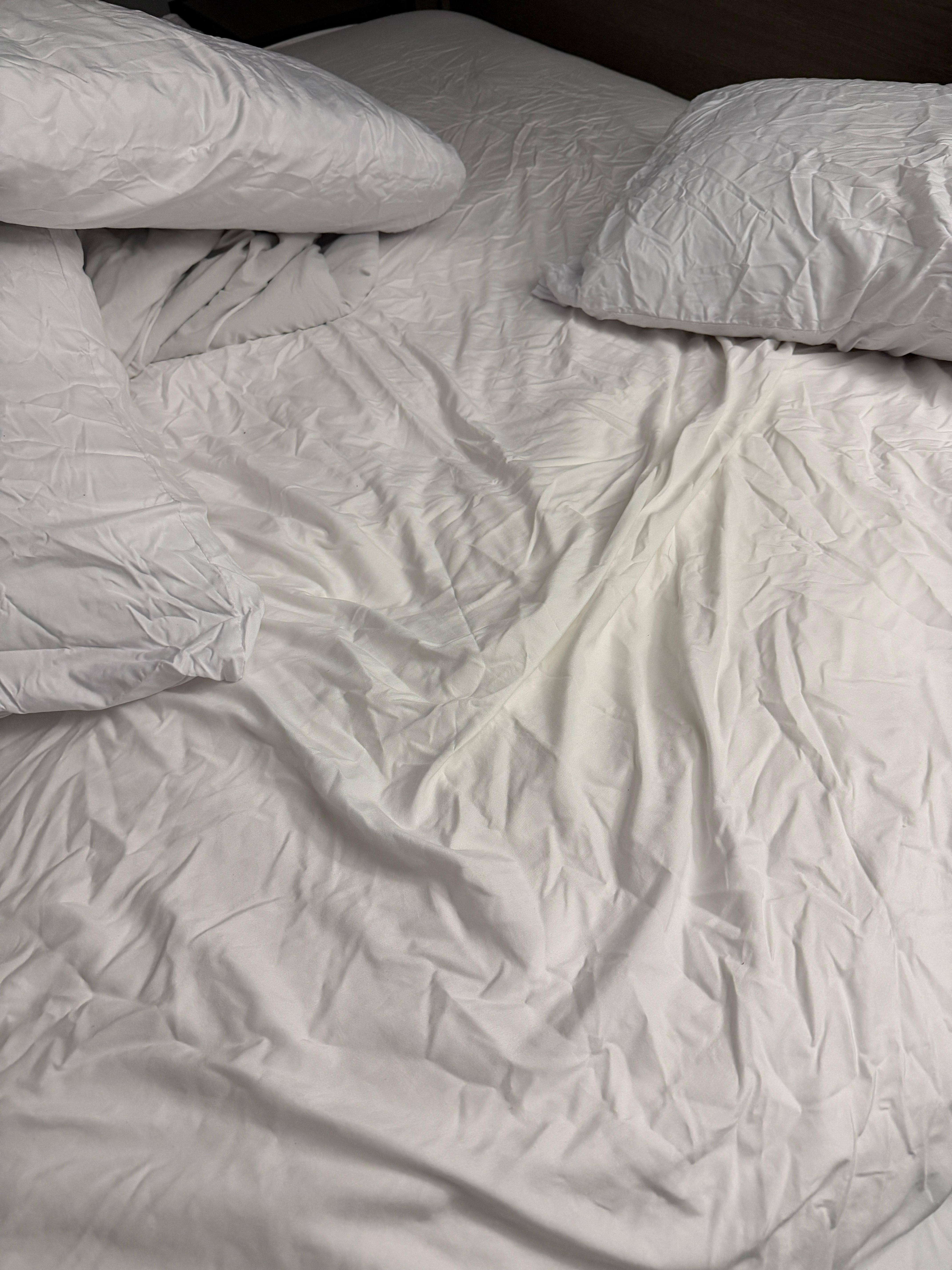 Wrinkled sheets and pillowcases. Photos and videos taken the morning after the previous night.