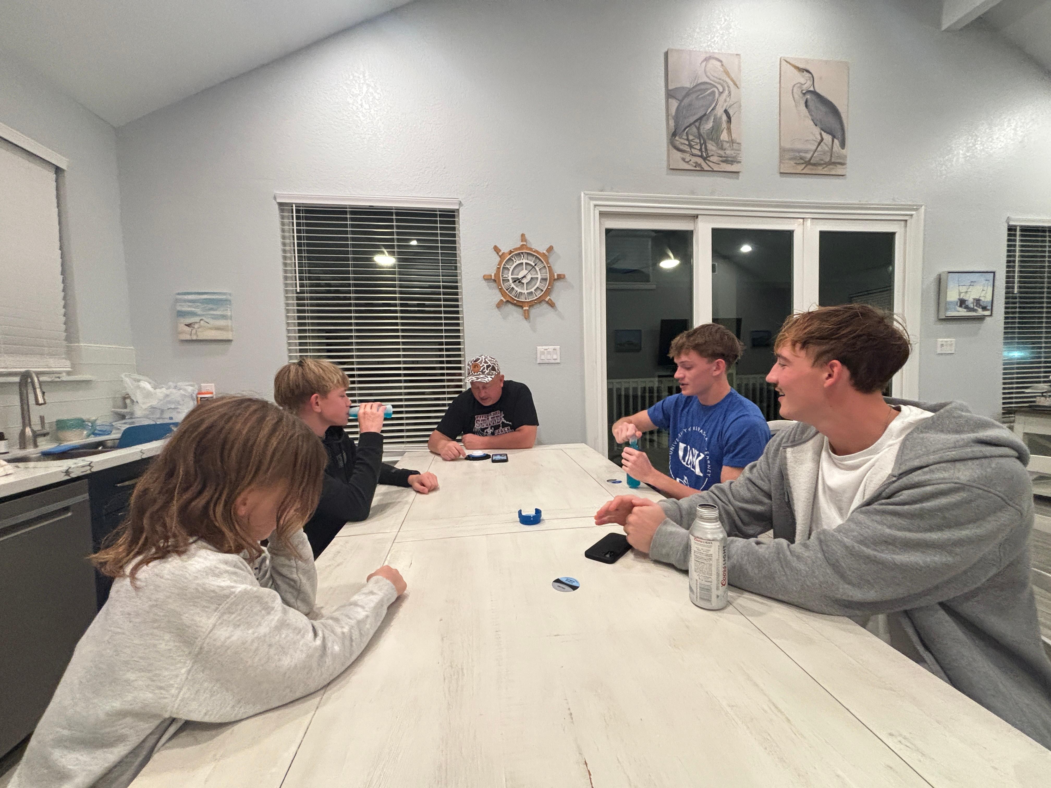 Large open kitchen for meals and games.