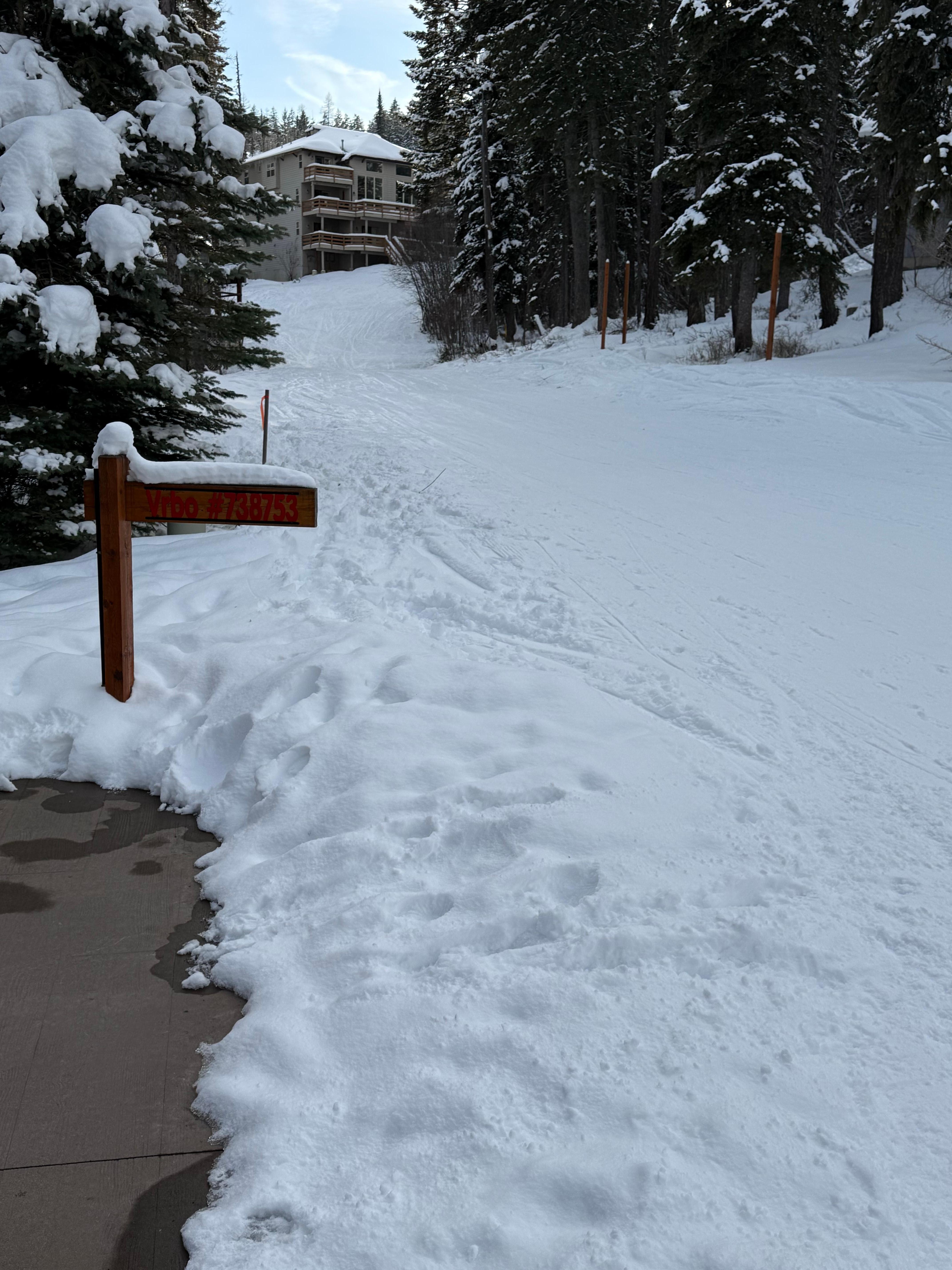 Photo taken off the back porch showing the green slope in the background steps from porch - great location!