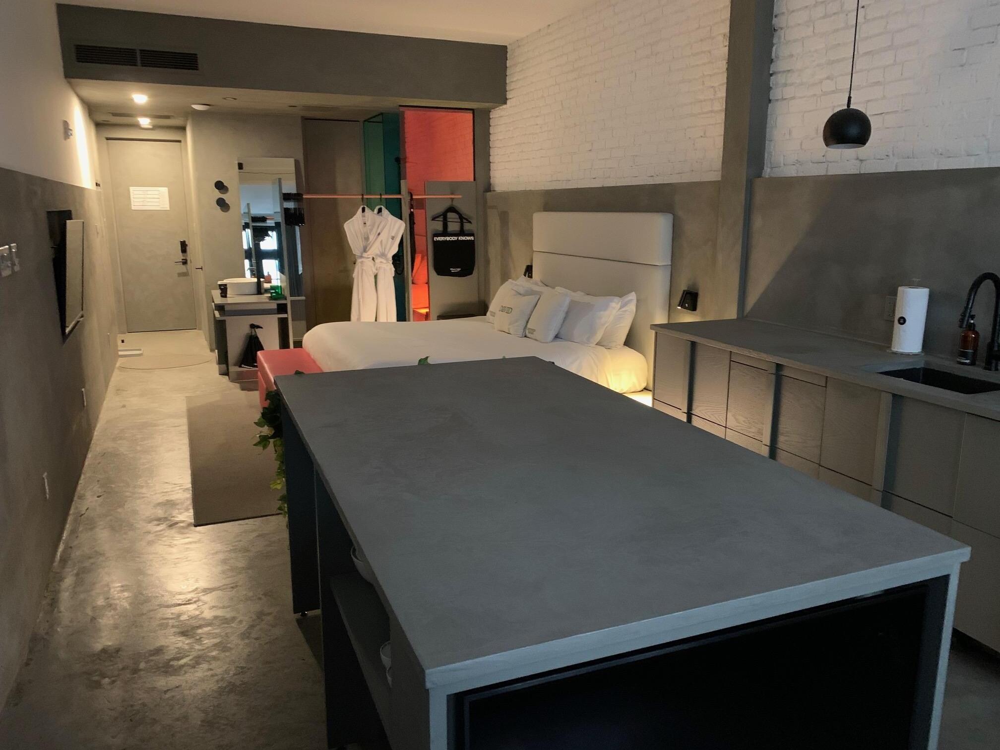 all surfaces look like poured concrete but are in fact recycled plastics --  very eco friendly!