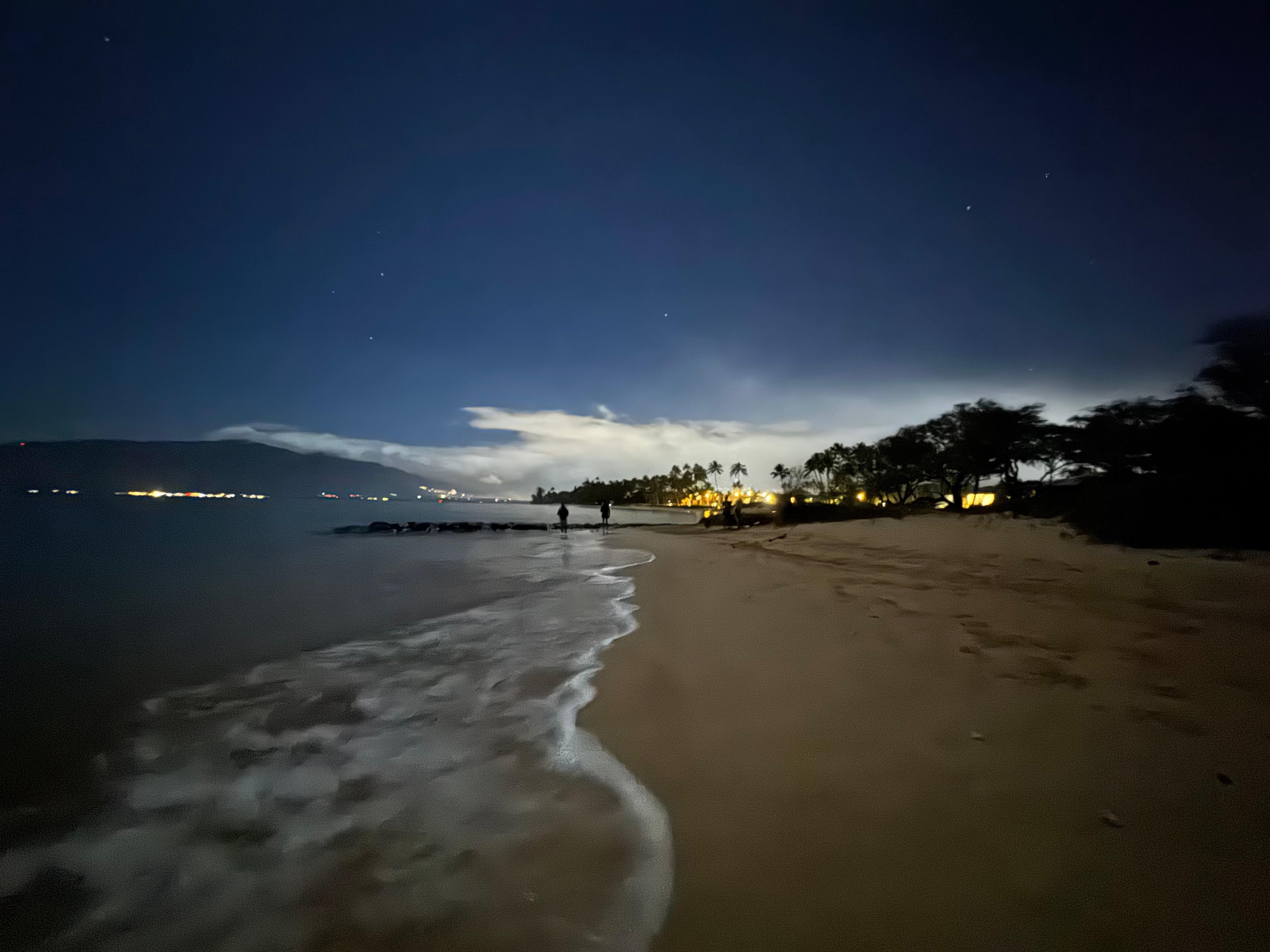 Beach walk under full moon.