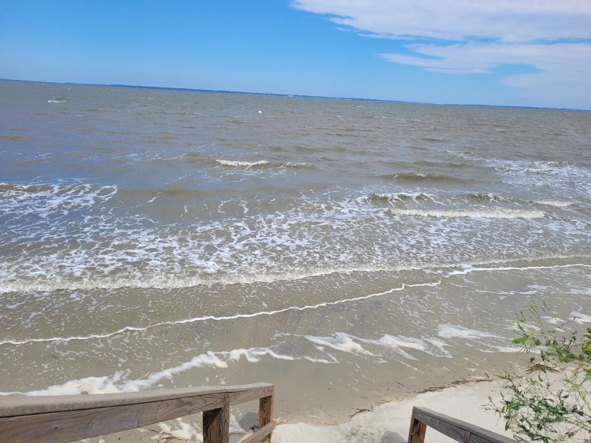 View of beach at high tide.
