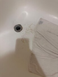 Had to put a towel over the bathroom floor. It’s chipped n destroyed underneath