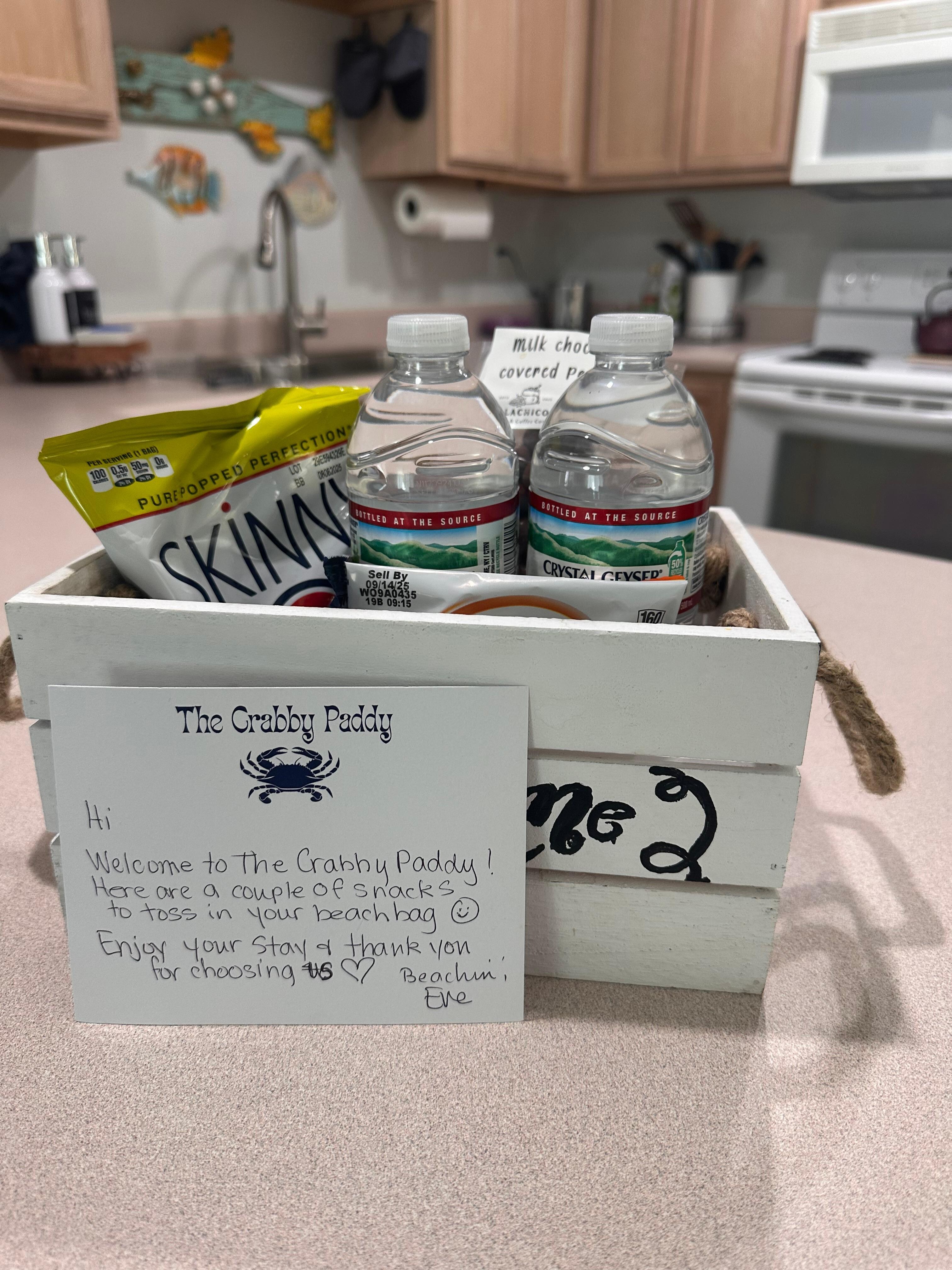 Water and snacks greeted us!