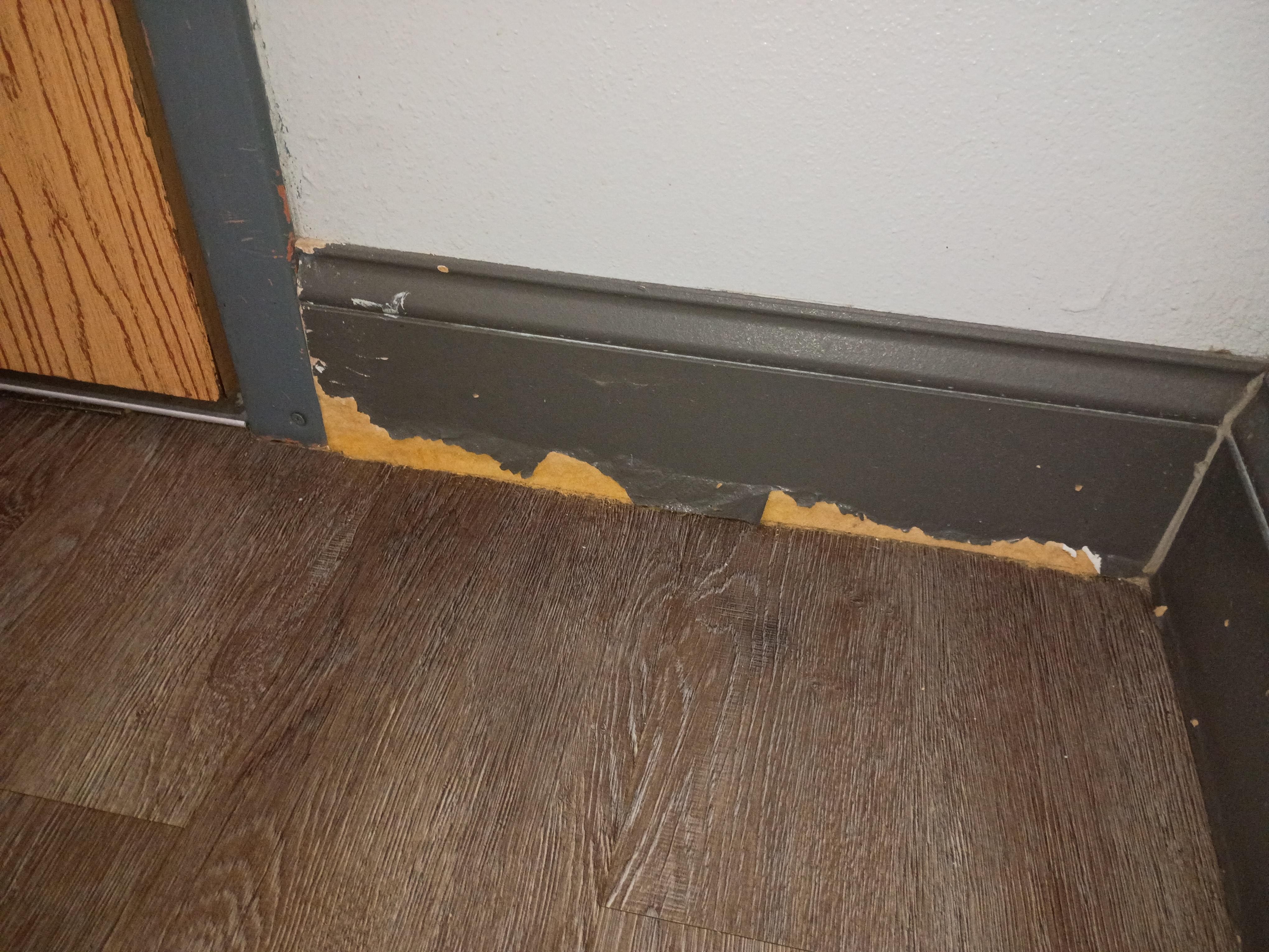 Scratches on baseboard by room door.