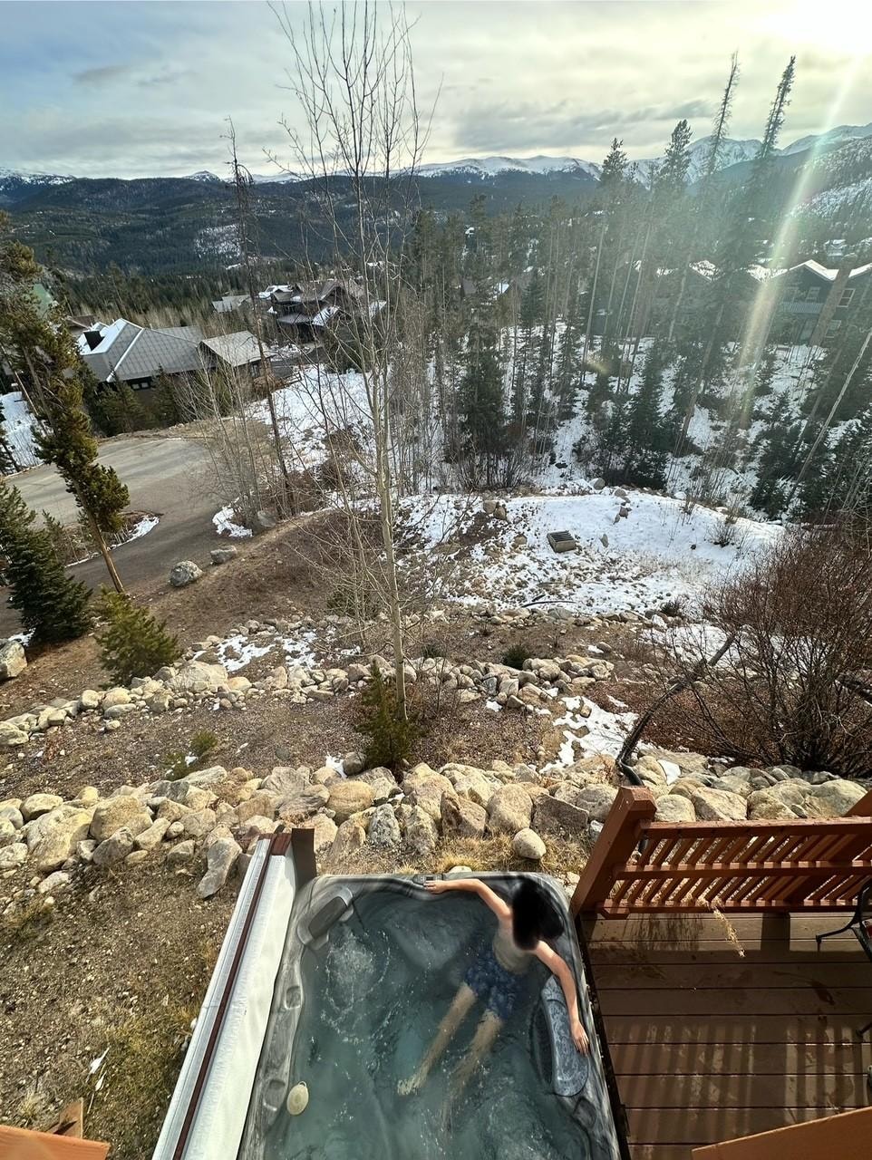 Hot tub view, at night it feels more private, you are also elevated so people can't see in from below. 