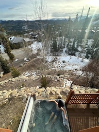 Hot tub view, at night it feels more private, you are also elevated so people can't see in from below.