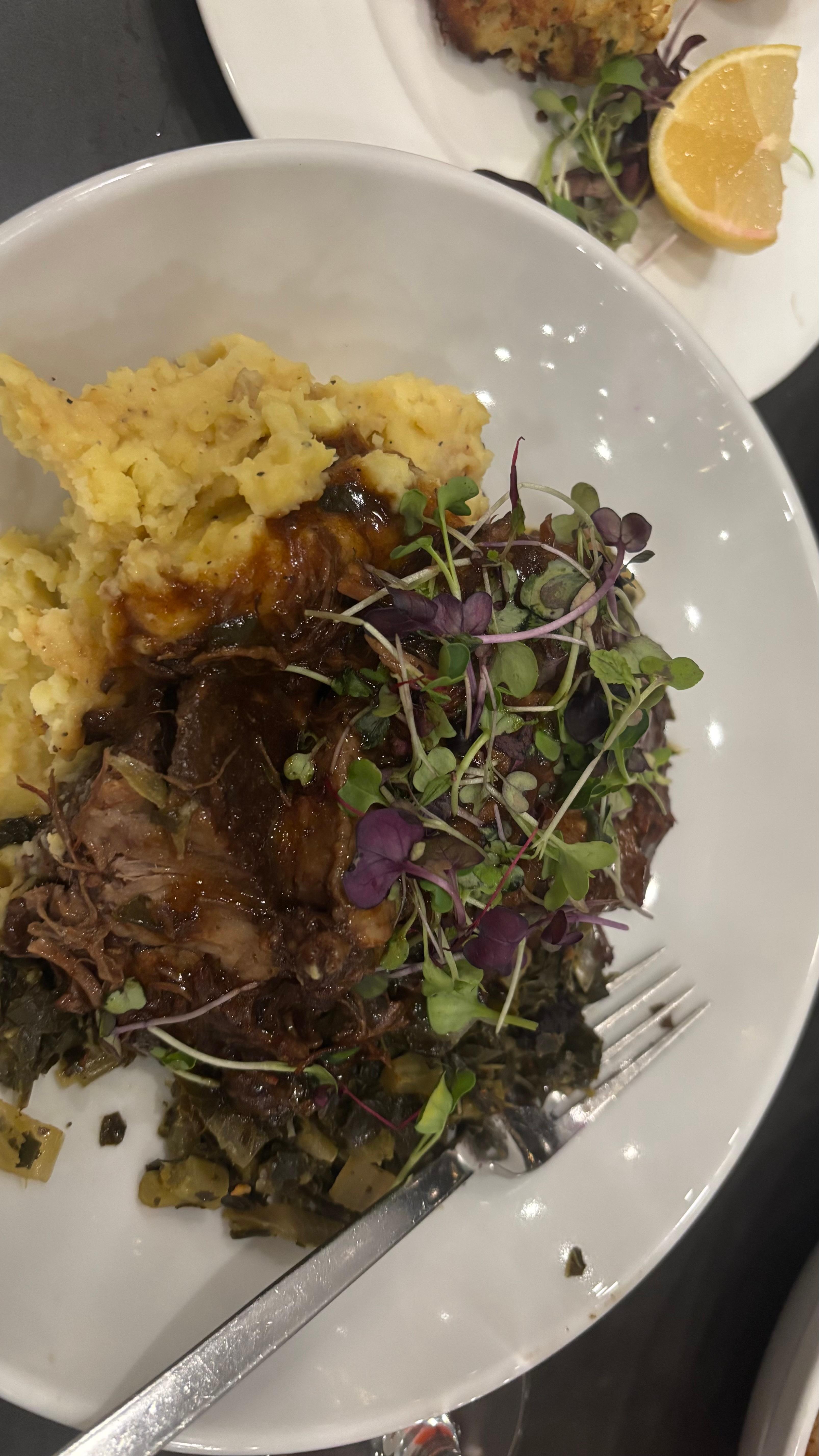 Beef Short Ribs with Mashed Potatoes and Collards
