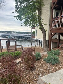 View of lake and condo balcony.