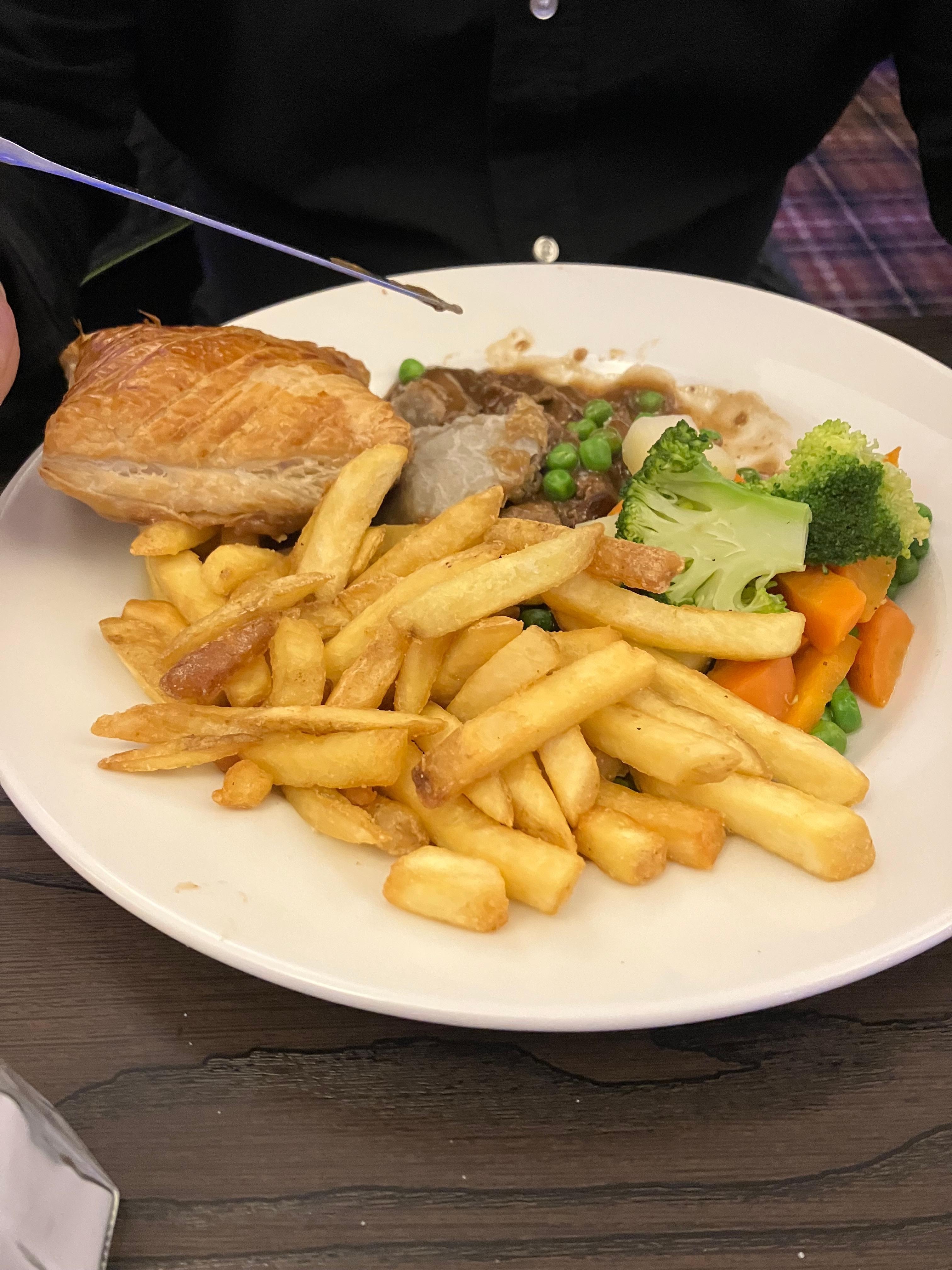 Steak pie was nice my partner said pastry a little dry for him but we asked for more gravy & that sorted the problem cleared the plate 