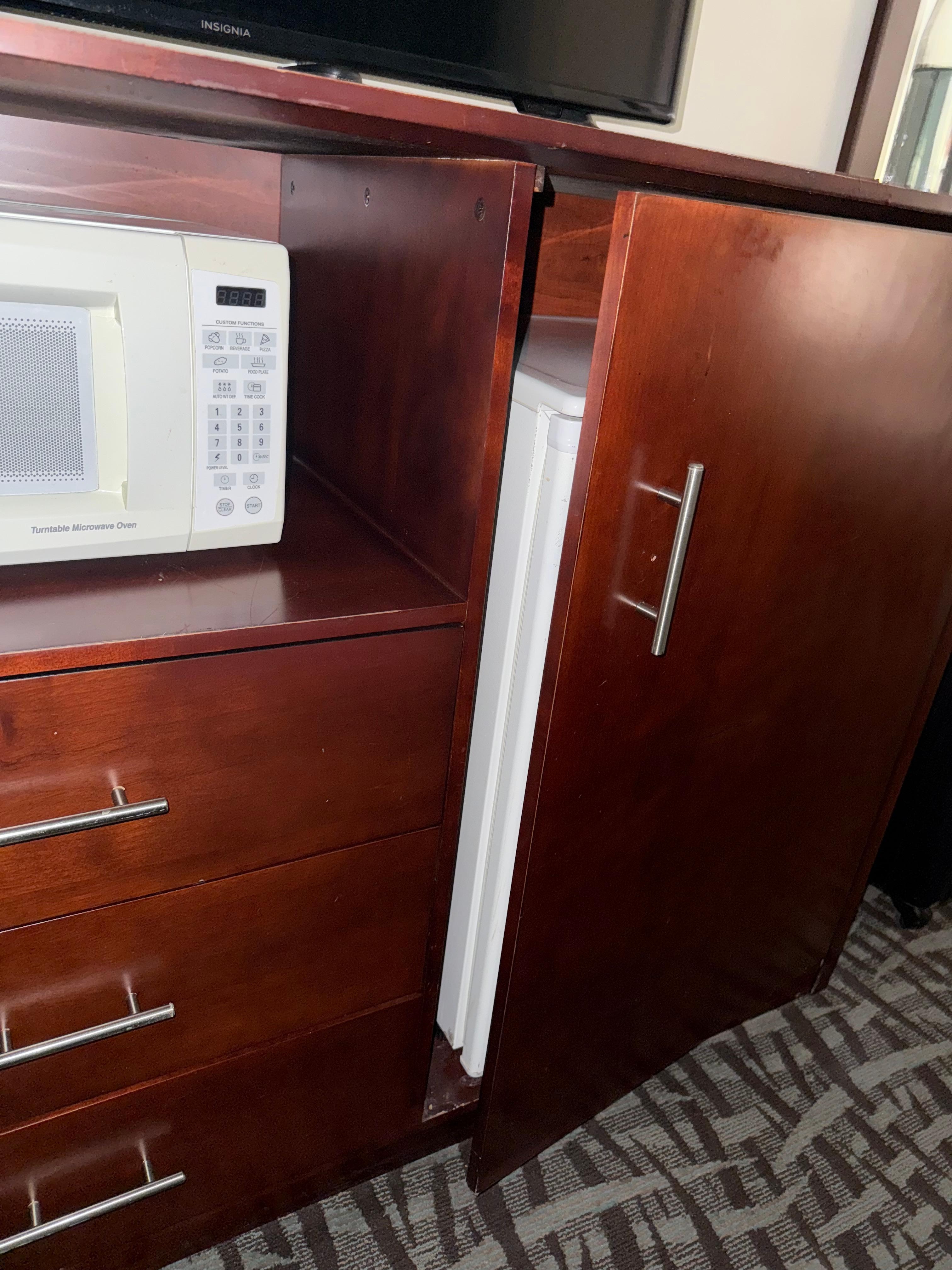 Cabinet won’t close because of how they have the refrigerator set up causing a tripping hazard in the night
