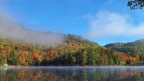 Late morning view in peak color. Fog still hanging on to the hill on the left.