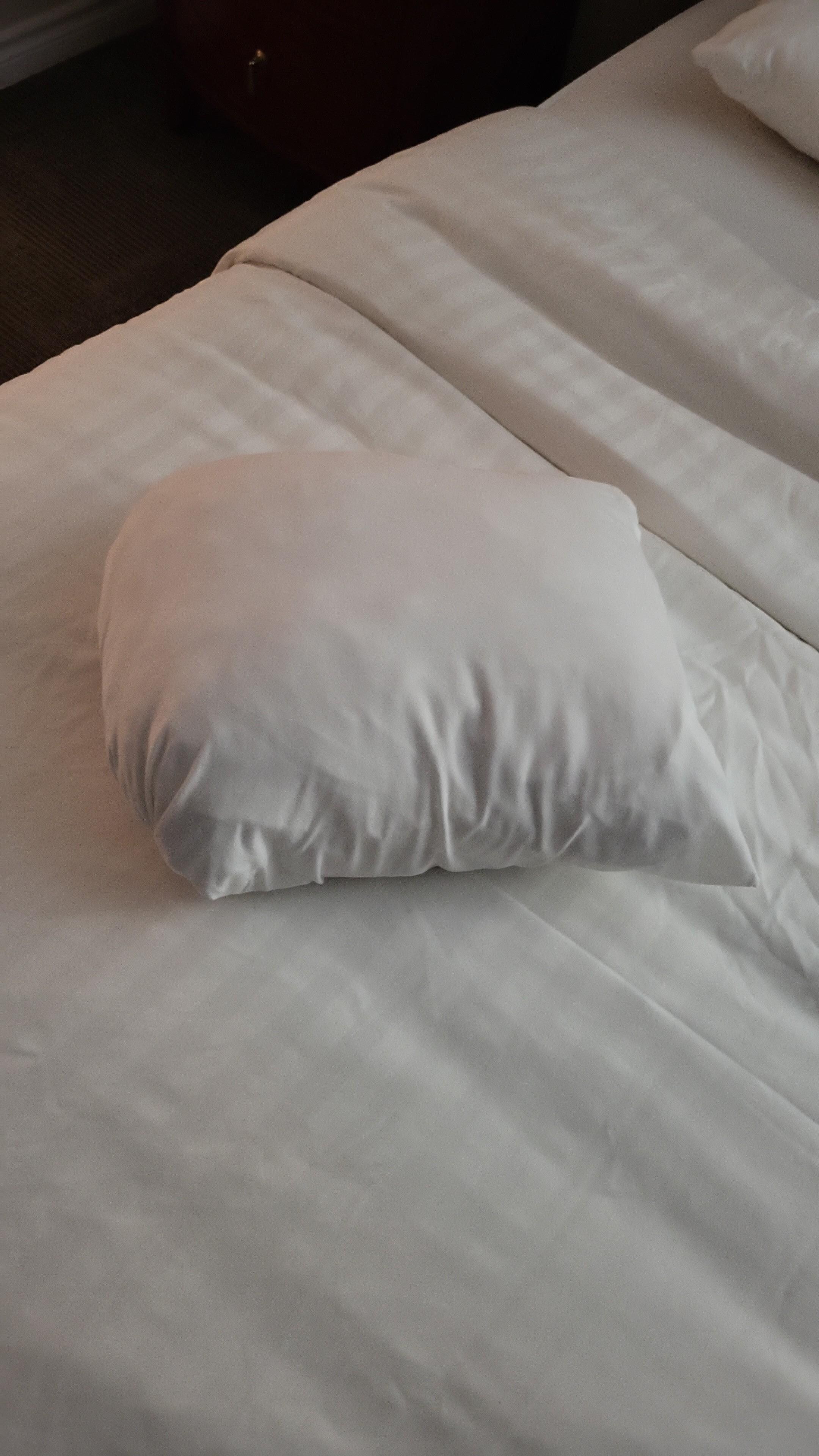 Queen bed with pillows smaller than a toddler pillow.