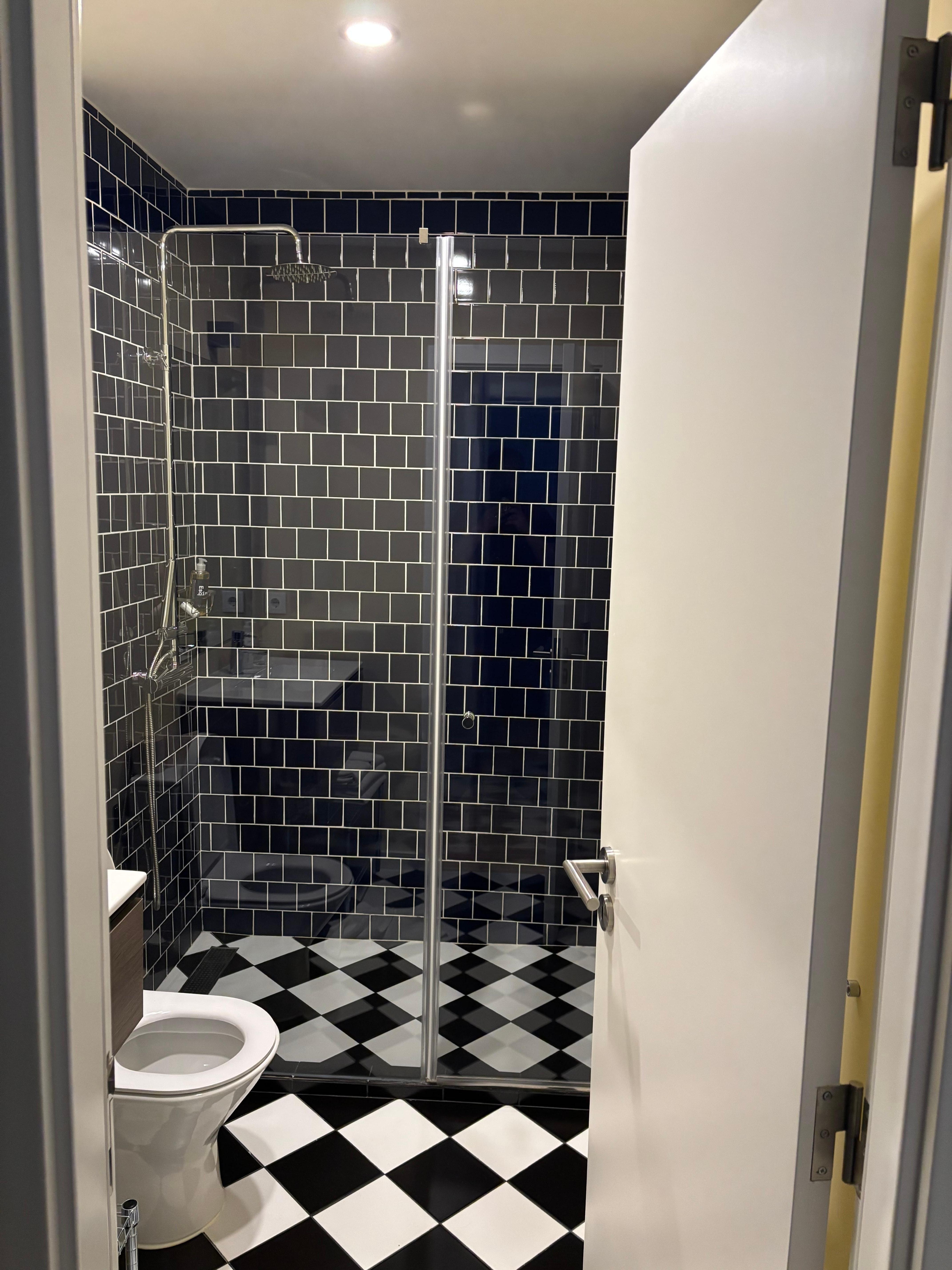 Restroom and shower connected to the bedroom. 