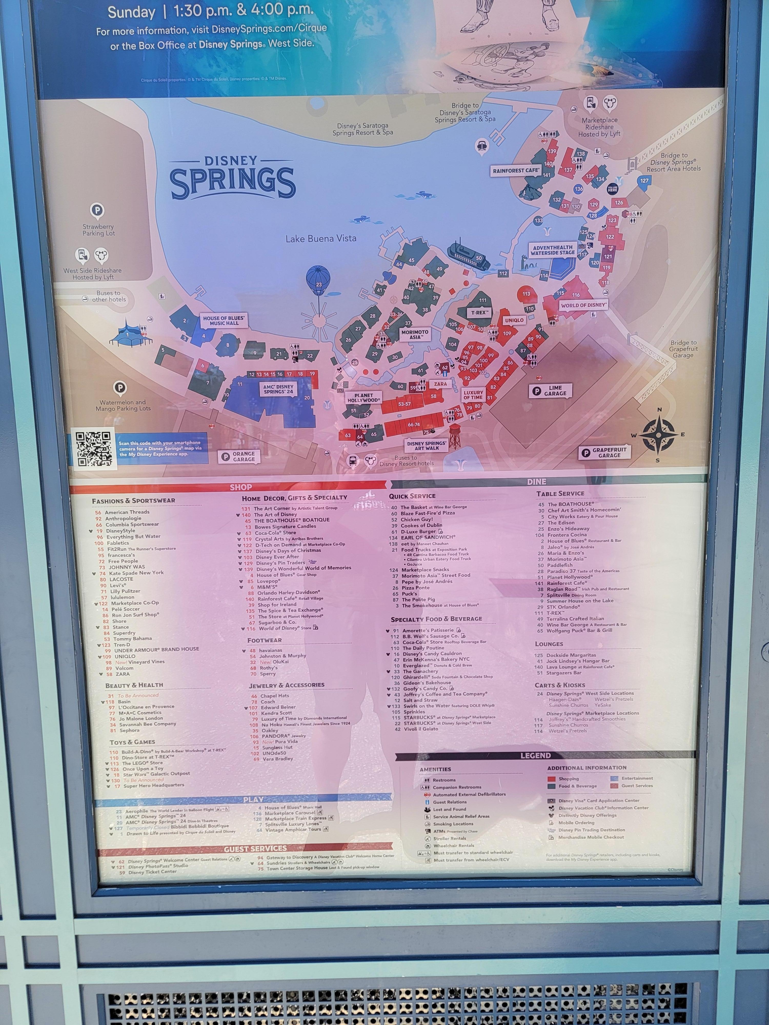 A map to nearby Disney Springs with loads of options for fun.