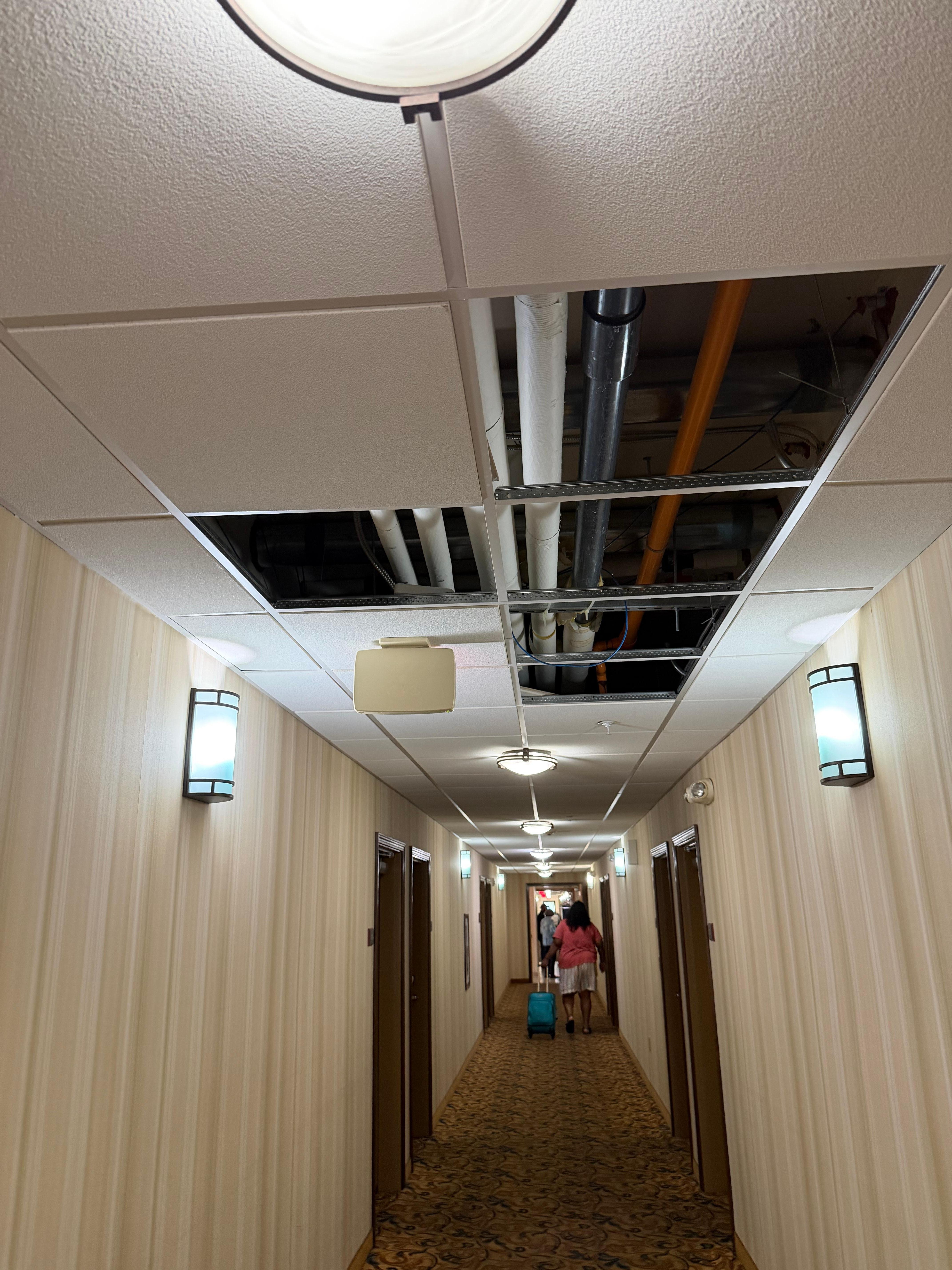 Just outside our room, bucket full of water spilling onto soaked carpet 