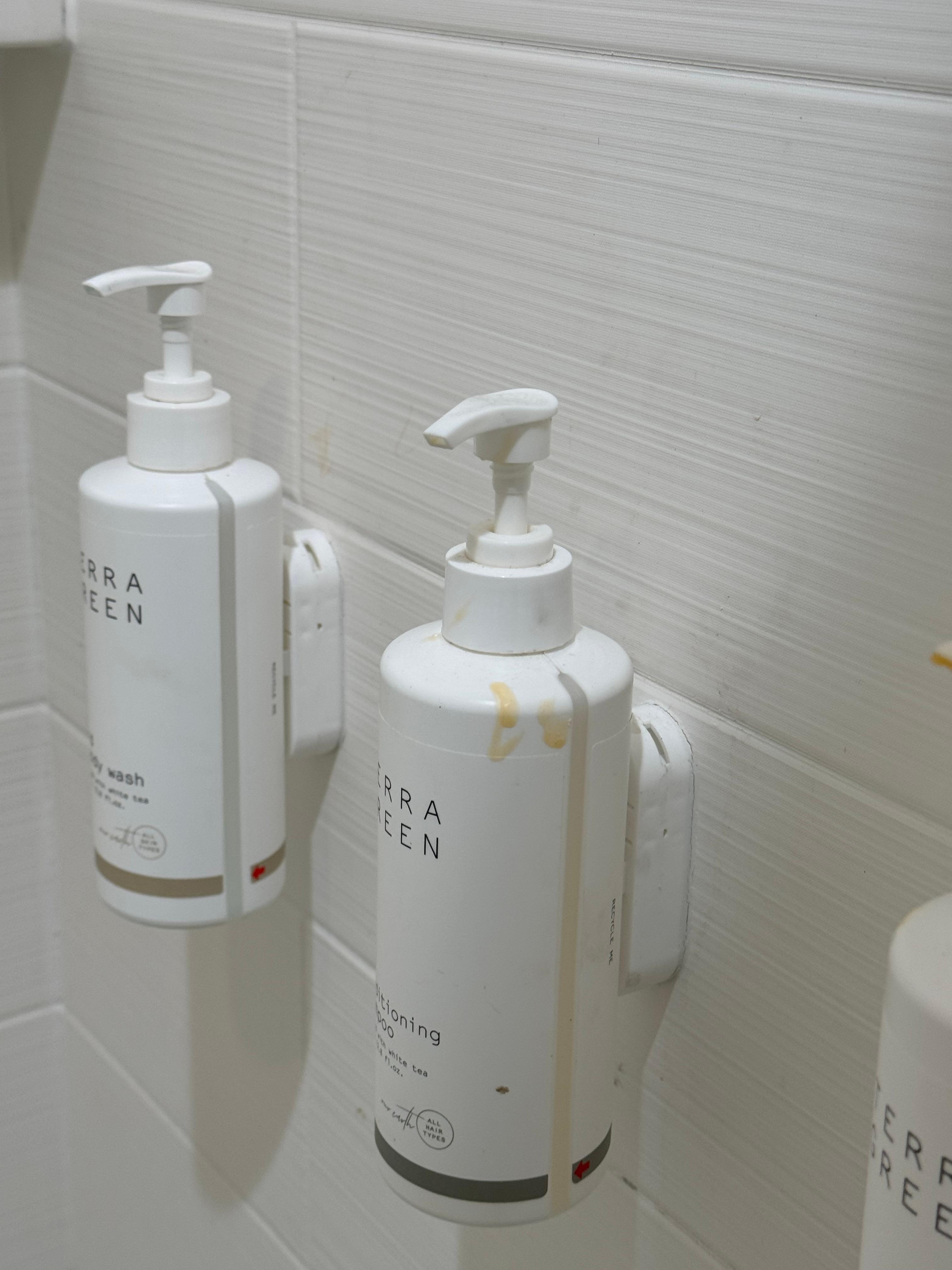 Dried product on bottle in shower