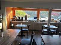 Breakfast hot food section facing pool area