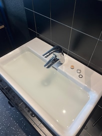 The clogged sink and the filter that fell out.