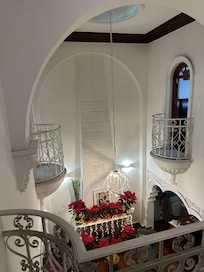 view from top of stairs too lobby below