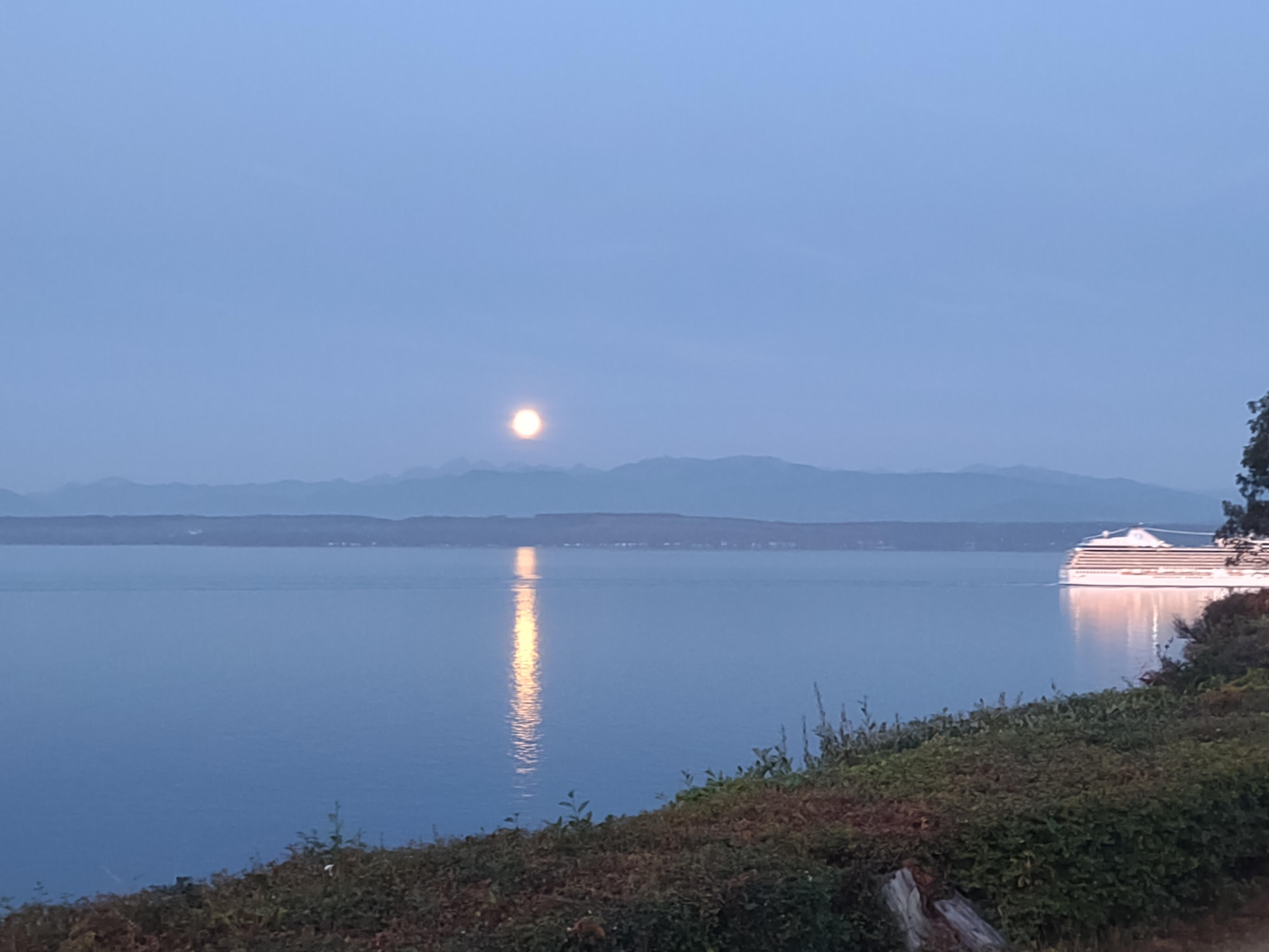 Sturgeon Moon with a ship going by at 2 a.m. 