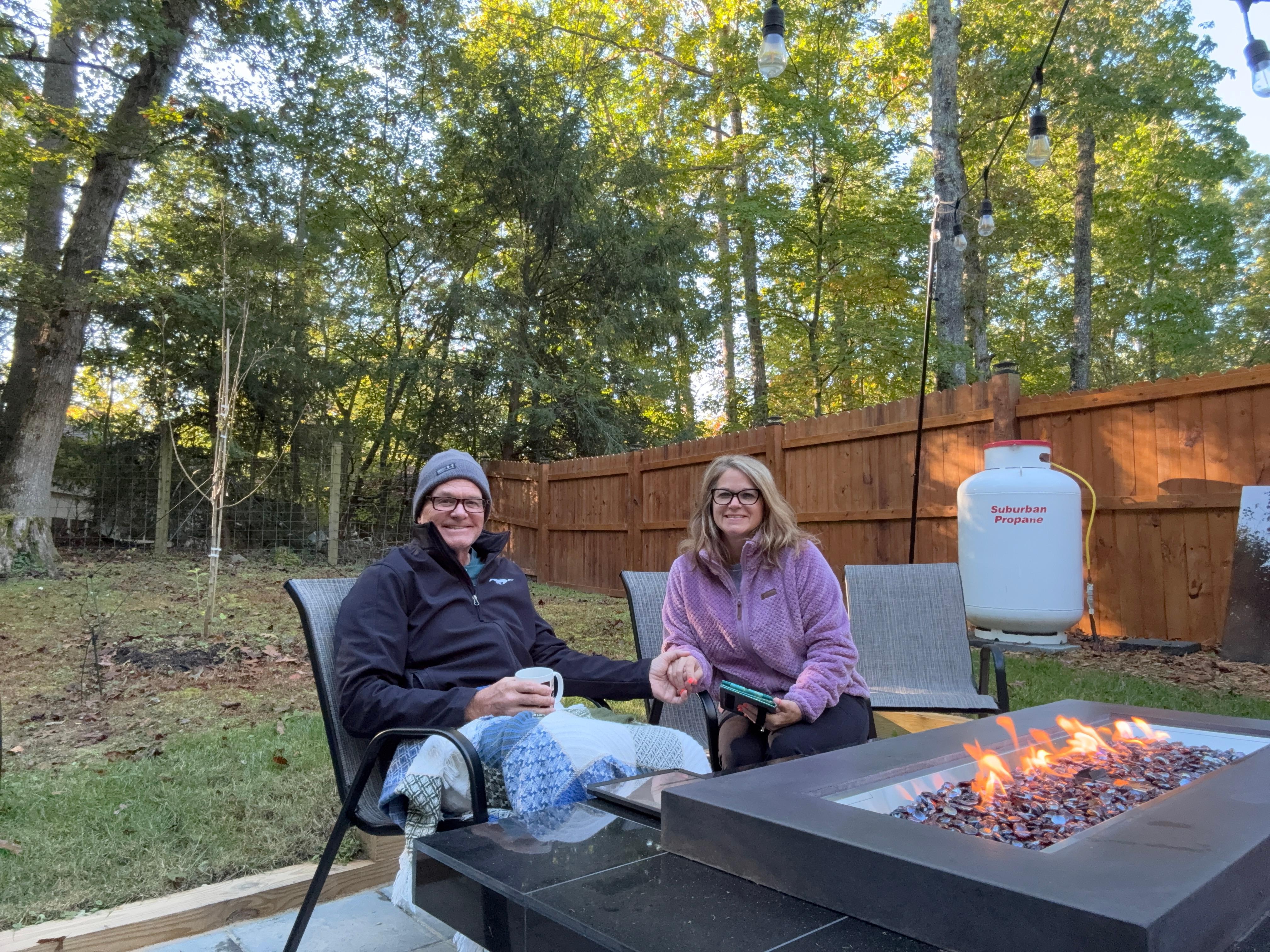 Outside fire pit.  Very nice to wake up and drink coffee next too or sit by before bed. 