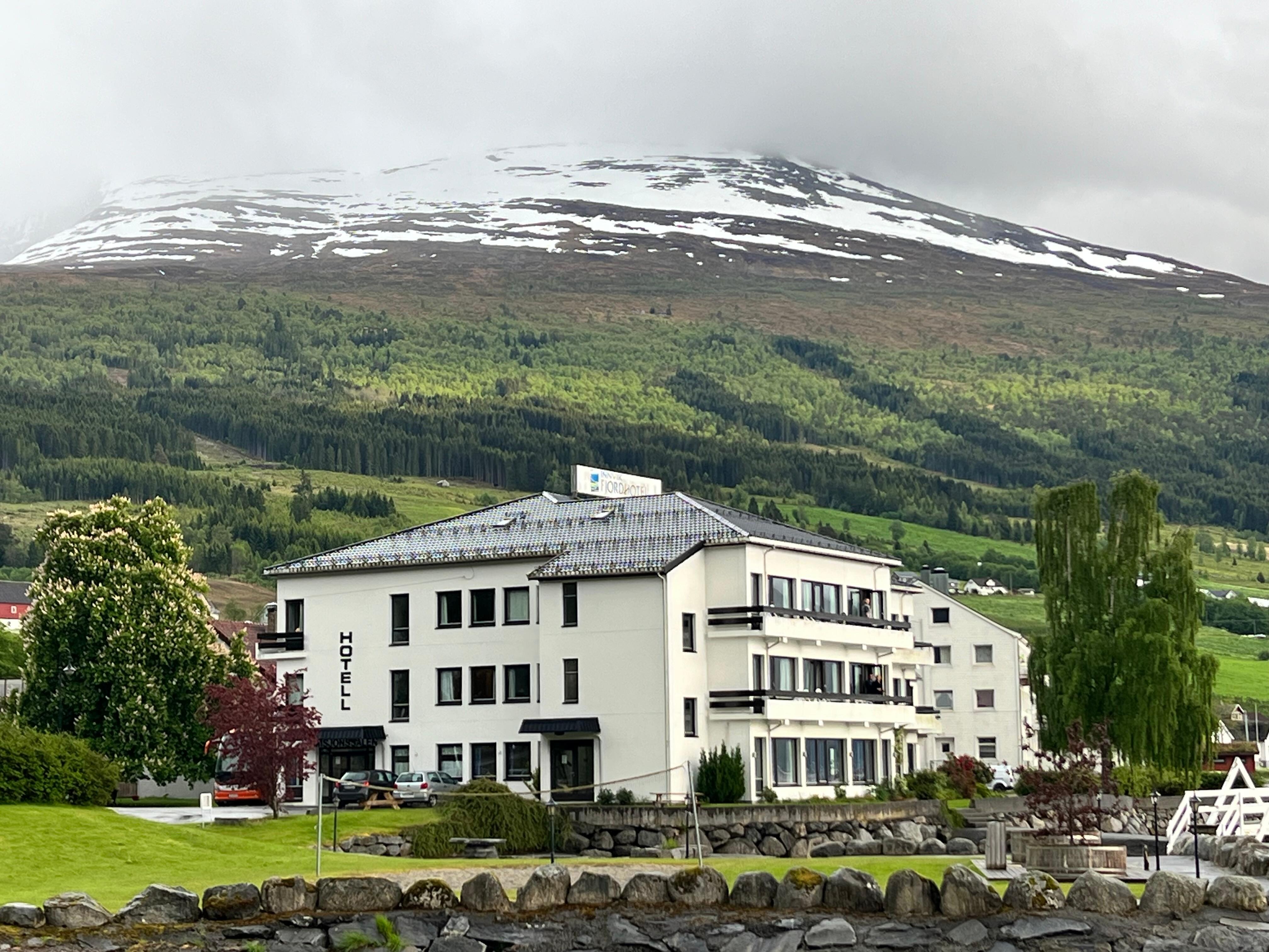 Snowy mountains behind the hotel in late May