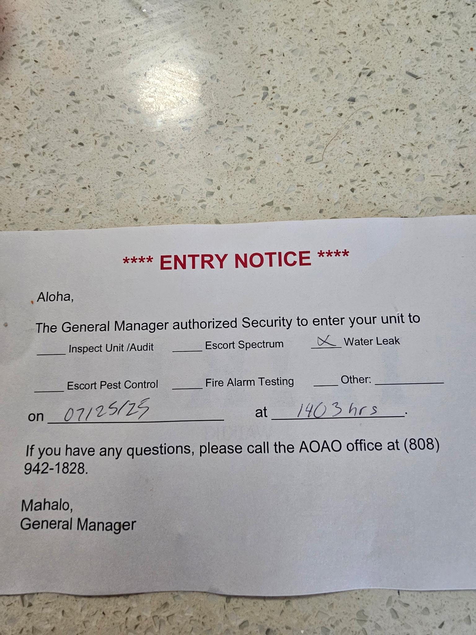 Notice that Maintenance came in to check water leak when there was no leak reported. 