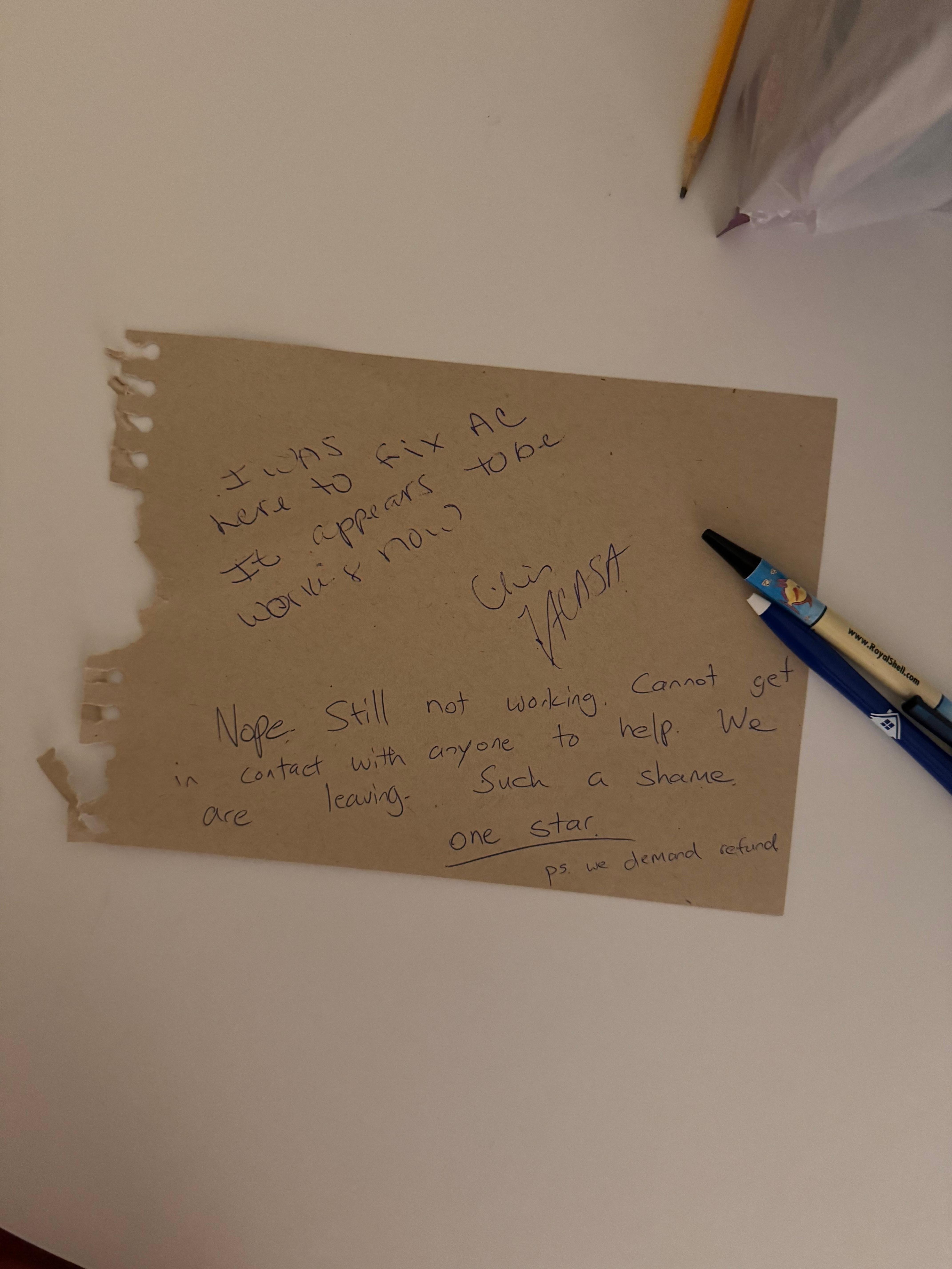 Note left from maintenance.