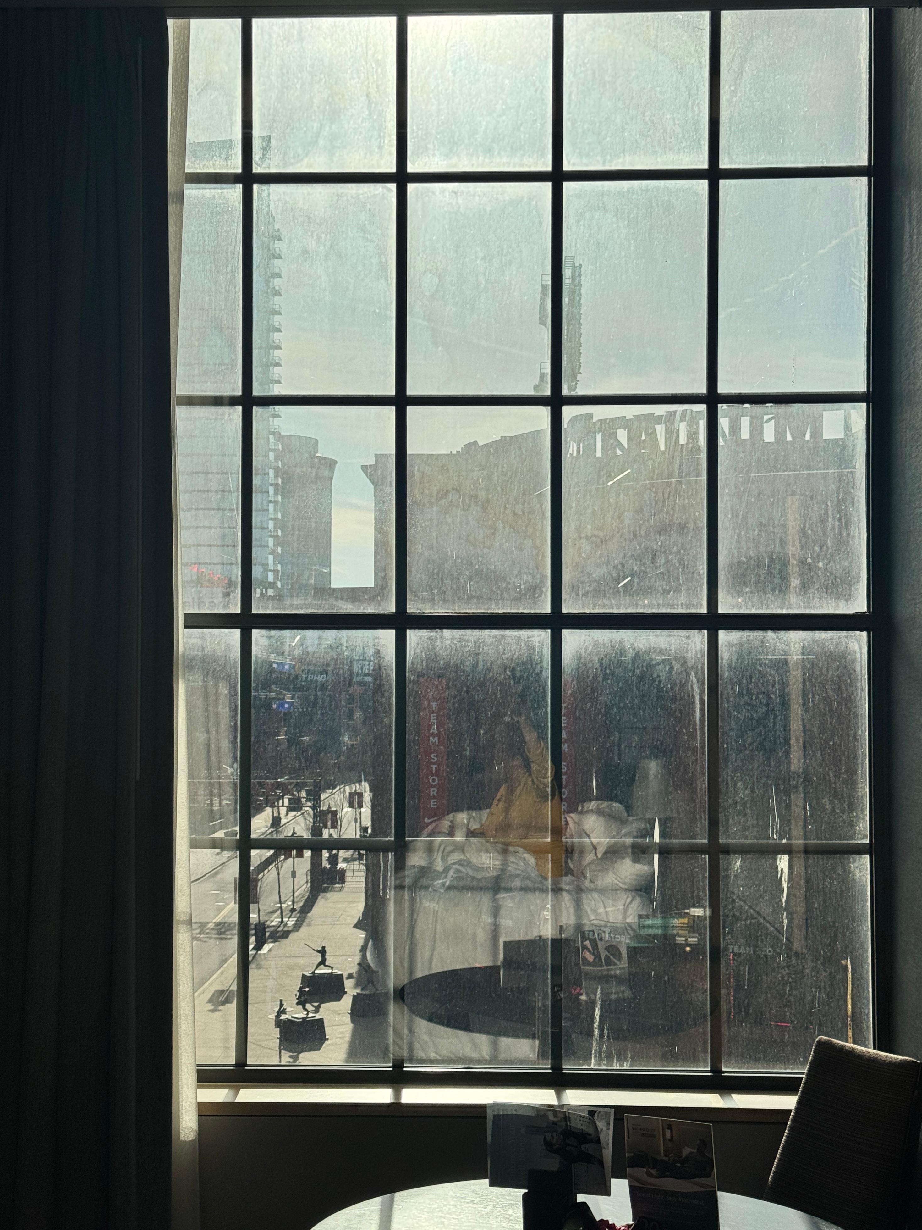 Great view of Busch Stadium from the room (this was room 431), but the windows were obscured by grime & bird poop 