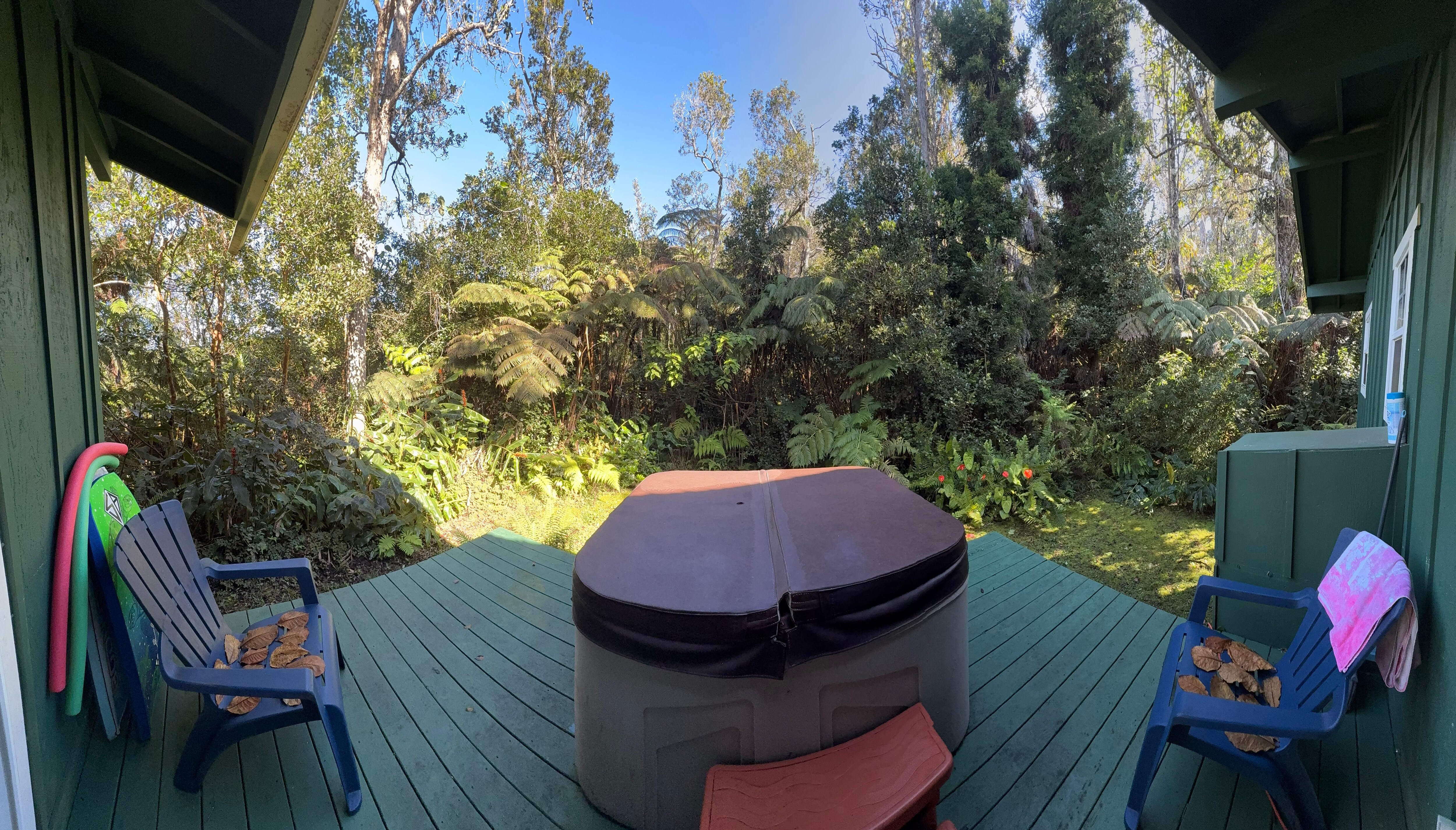 Out the bedroom sliding glass doors.