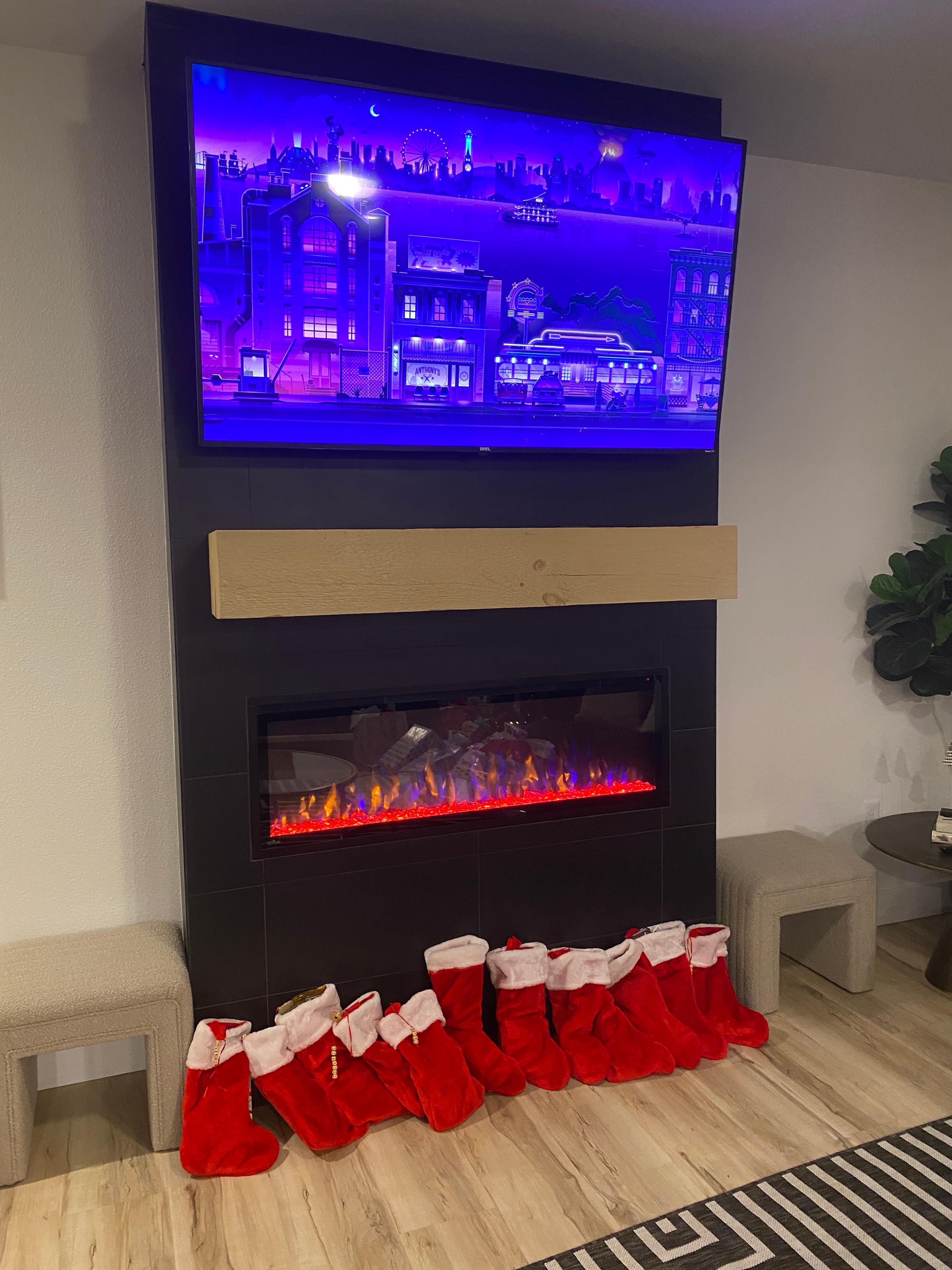 Our stockings in front of the fireplace 