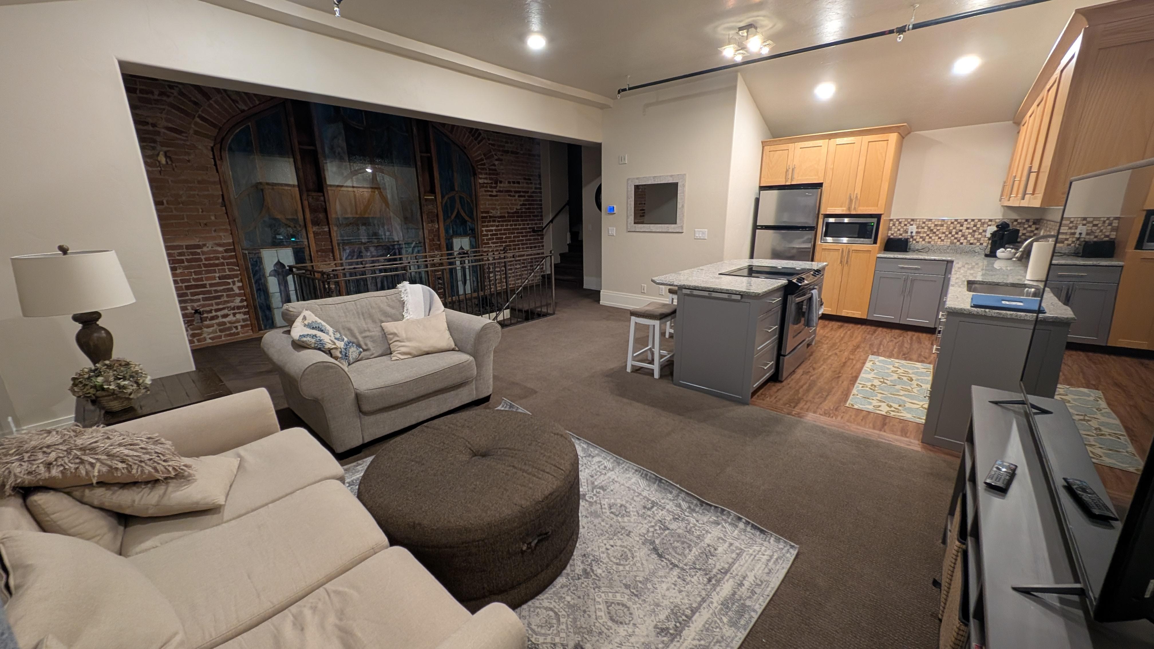 A large, comfortable living space and kitchen.  Just know that its on the second floor, and the bedroom is up another flight of steps.  Not an issue for me, but it might be if mobility is a problem for you.