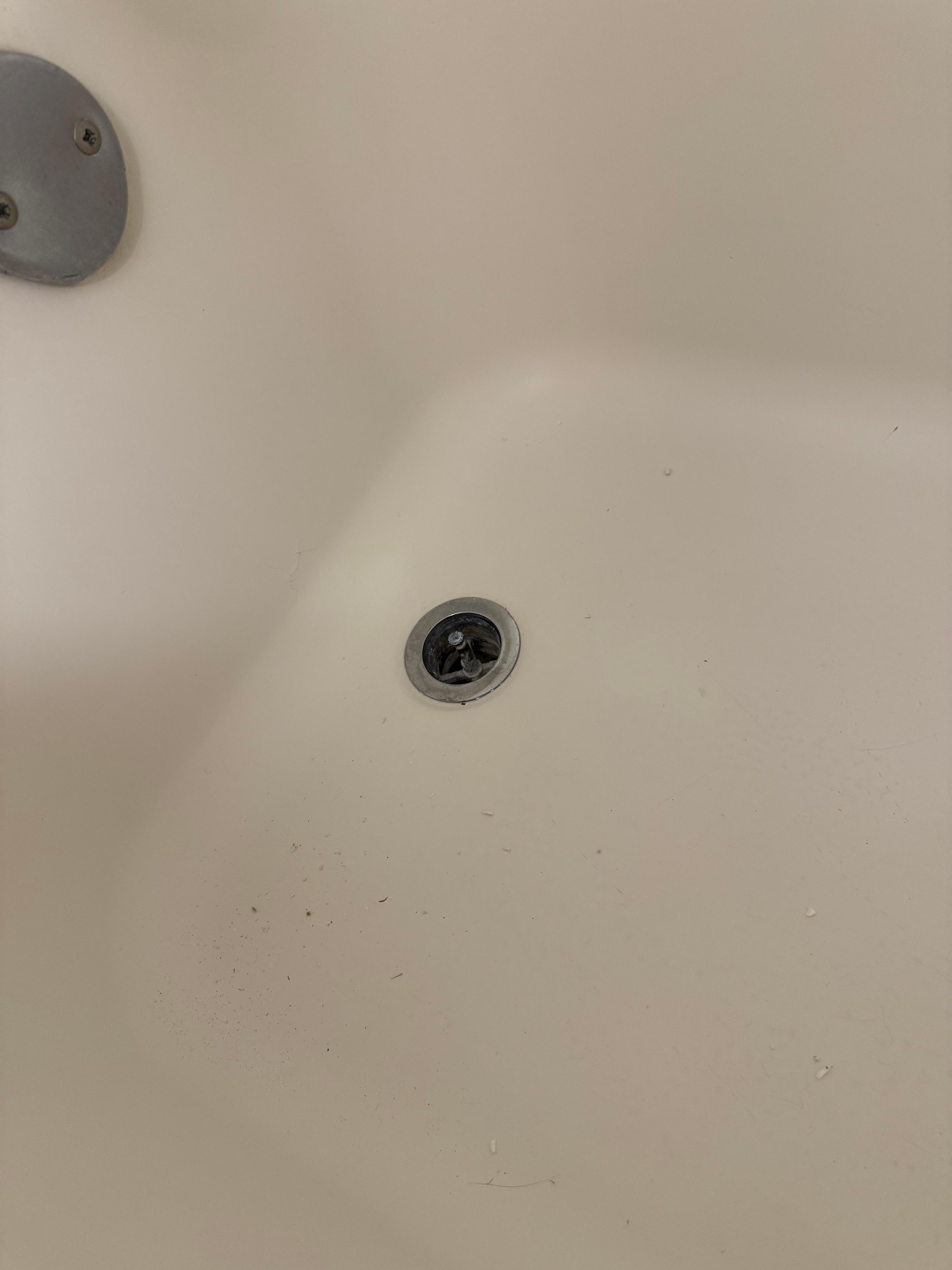 Hair and drywall debris in the tub.