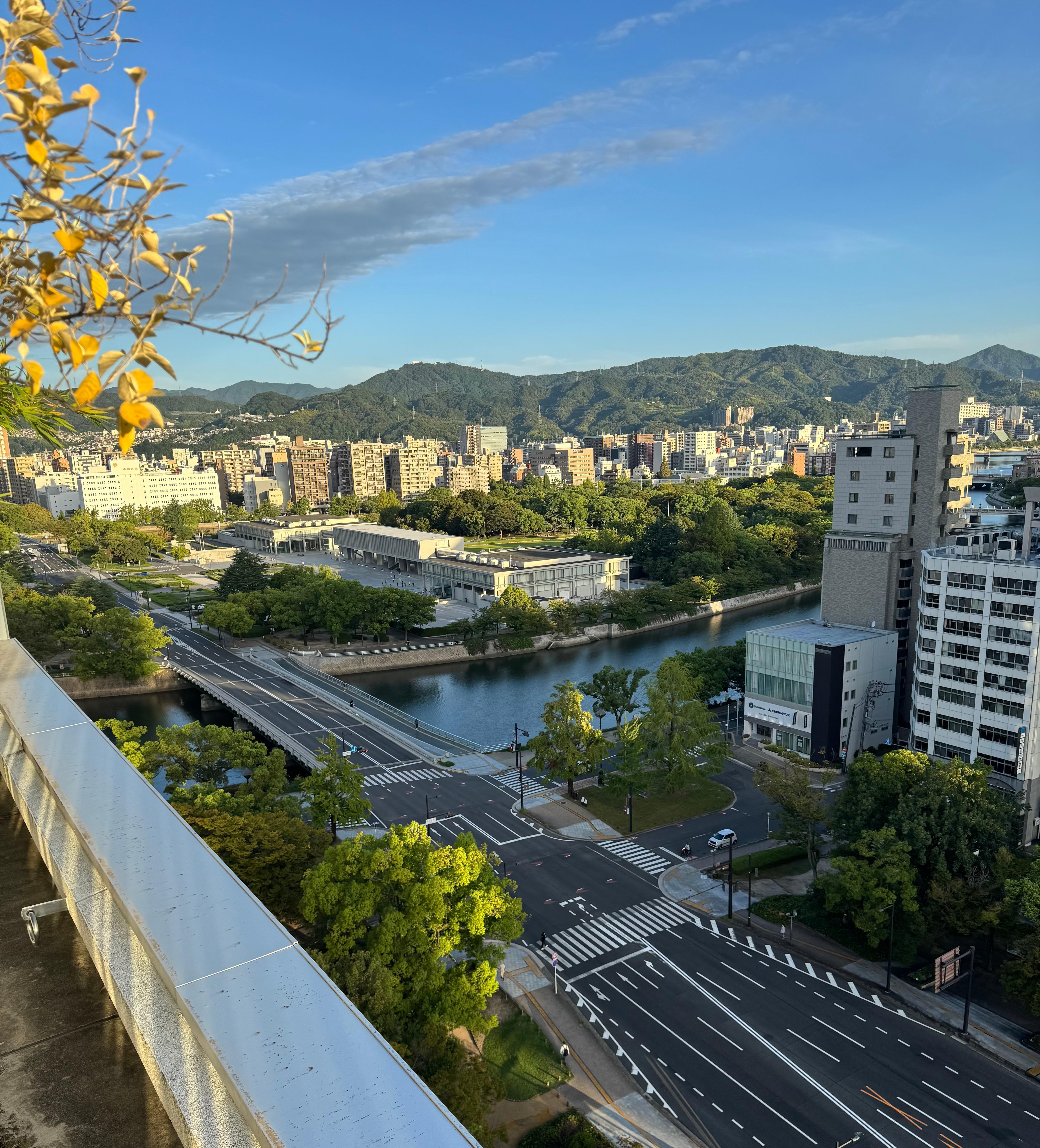 View from 14th floor outdoor seating area.  The Hiroshima museum is just across the bridge and easily walkable.