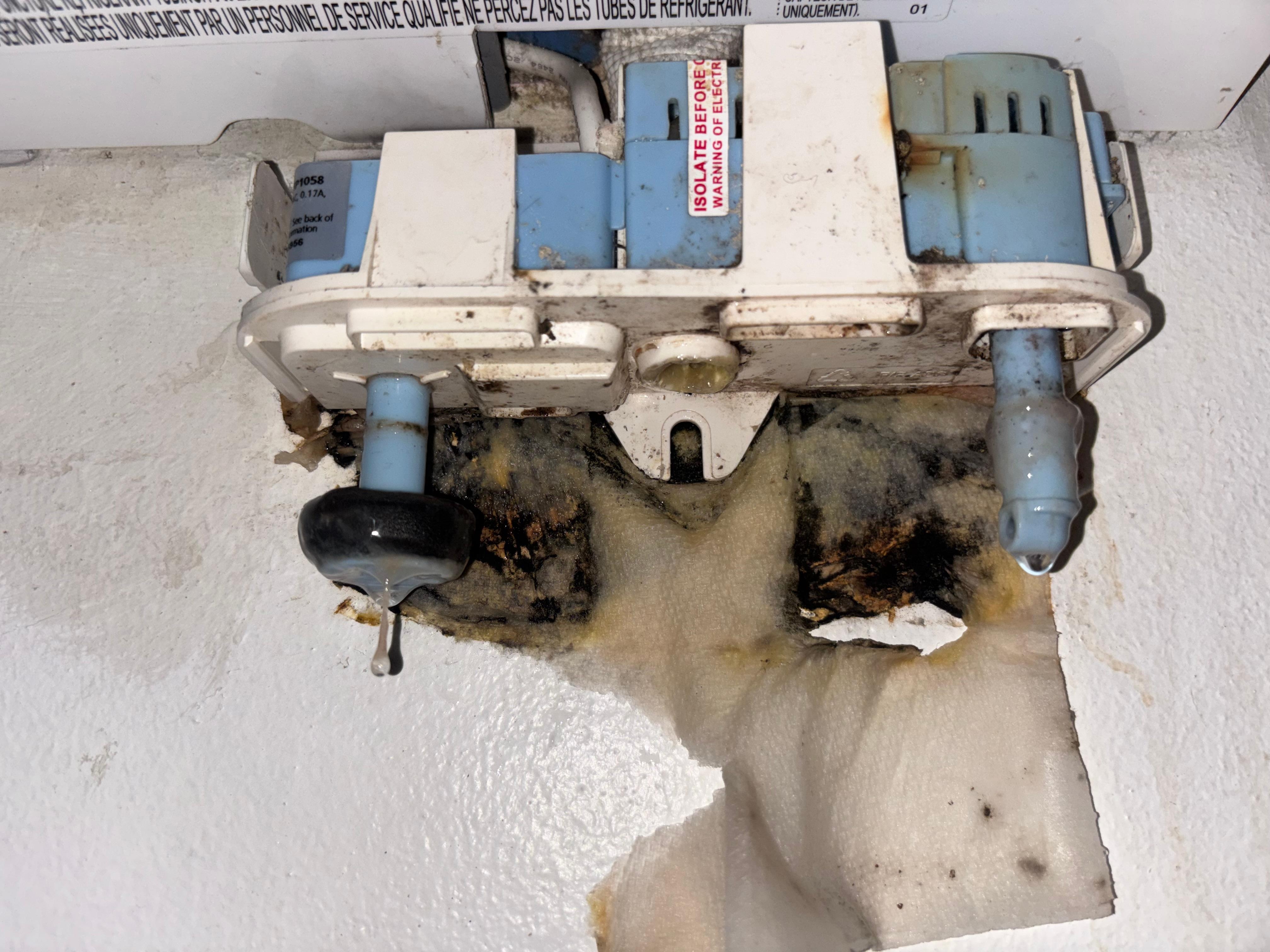 Condensation pump with visible wet paper towel behind the unit and mold. 