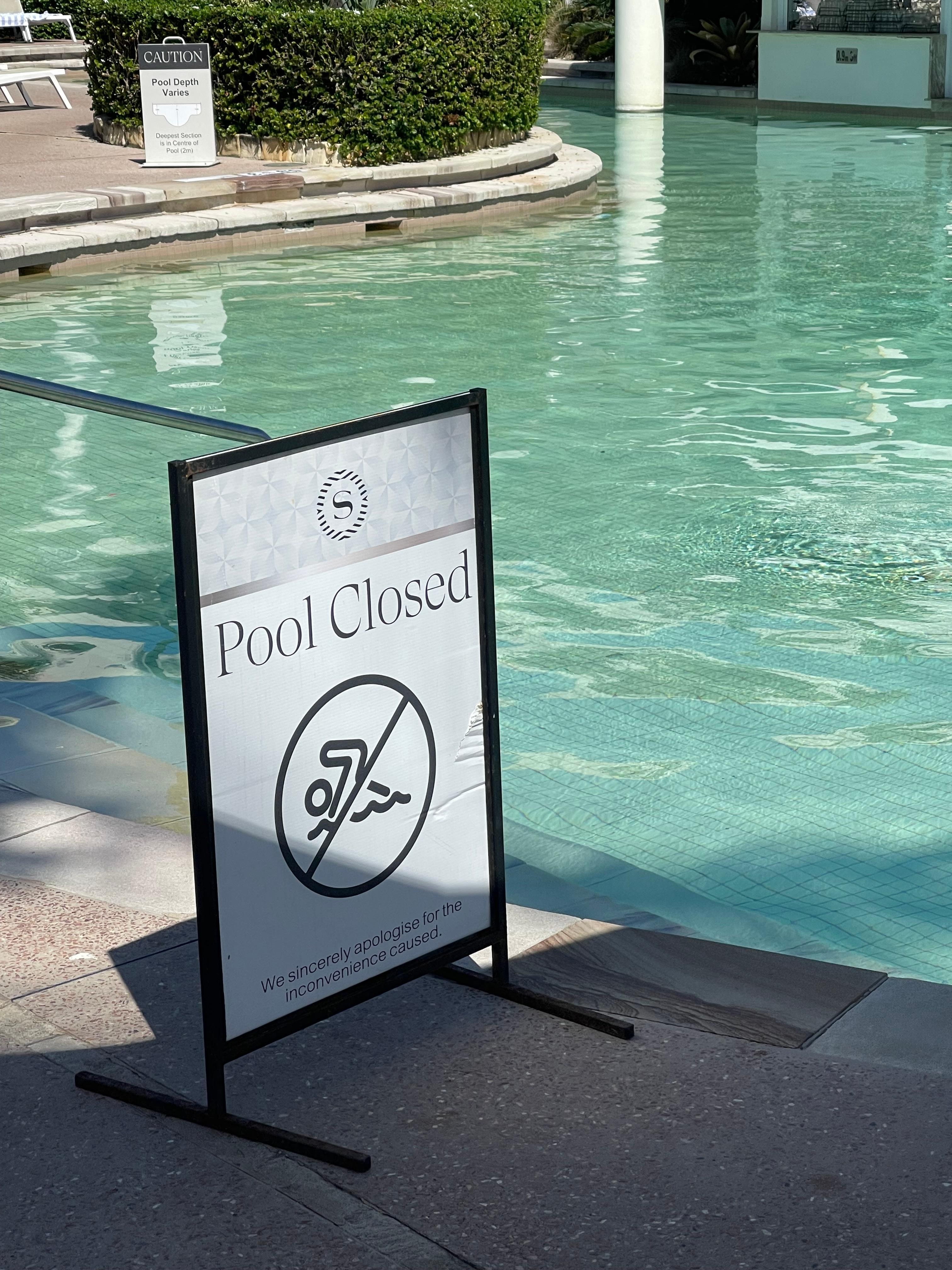 Pool closed one day till 11.30 the next day all day. 34 degree day no pool  and only one pool on property the rest is all ponds that you can’t swim in 