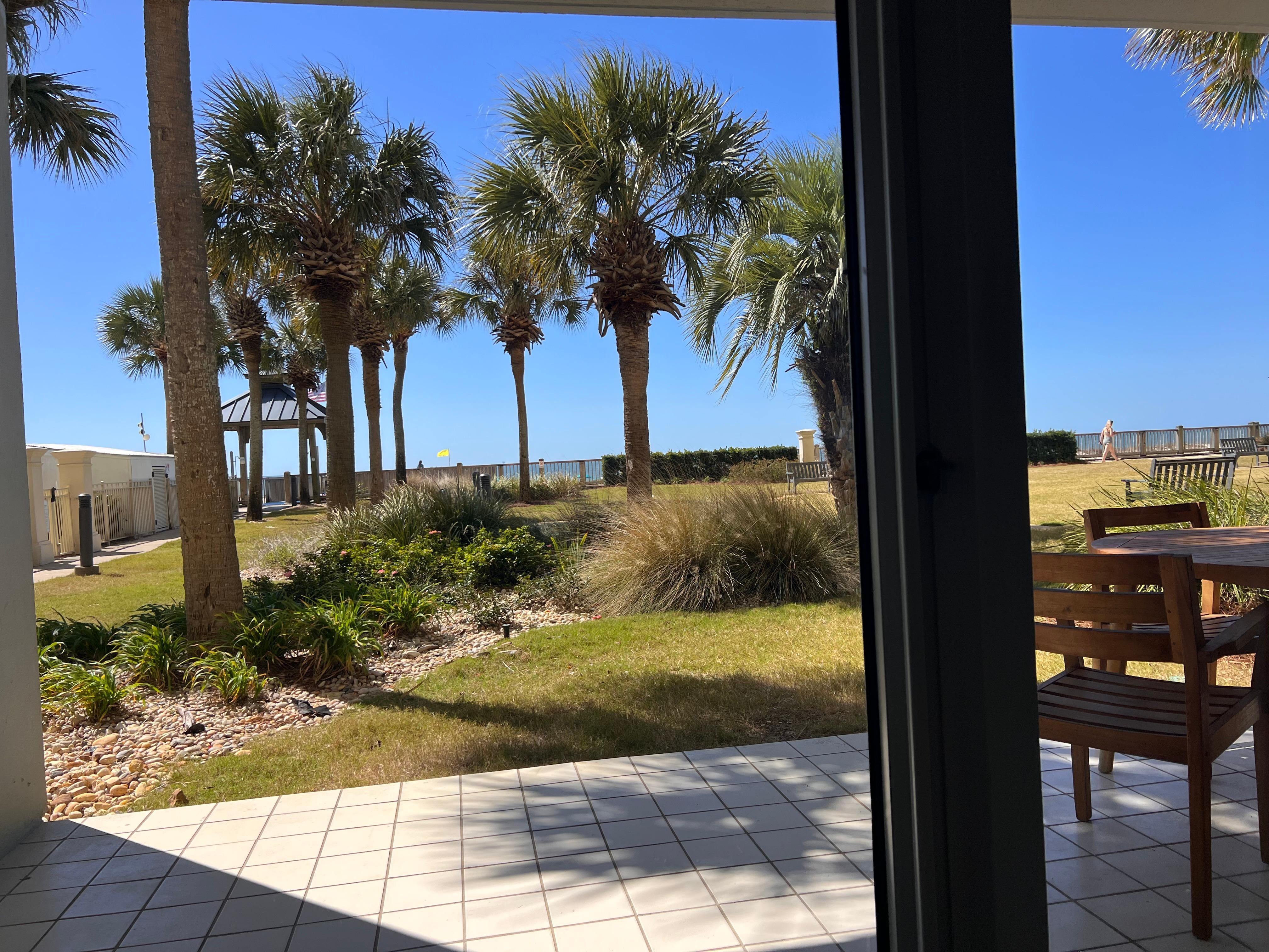 View from sitting room, outside of sliding glass doors. 