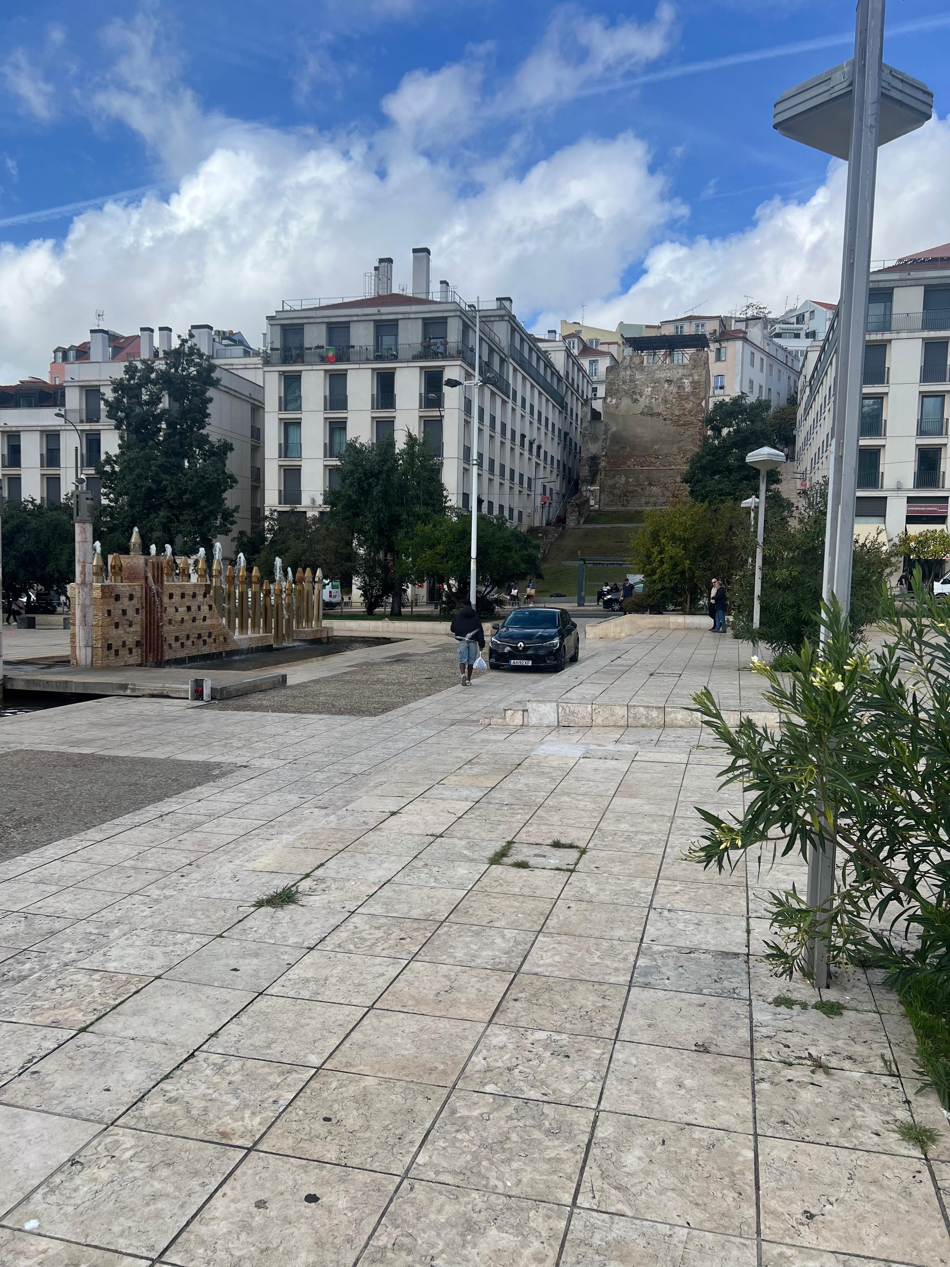View of the building from the plaza across the street. 