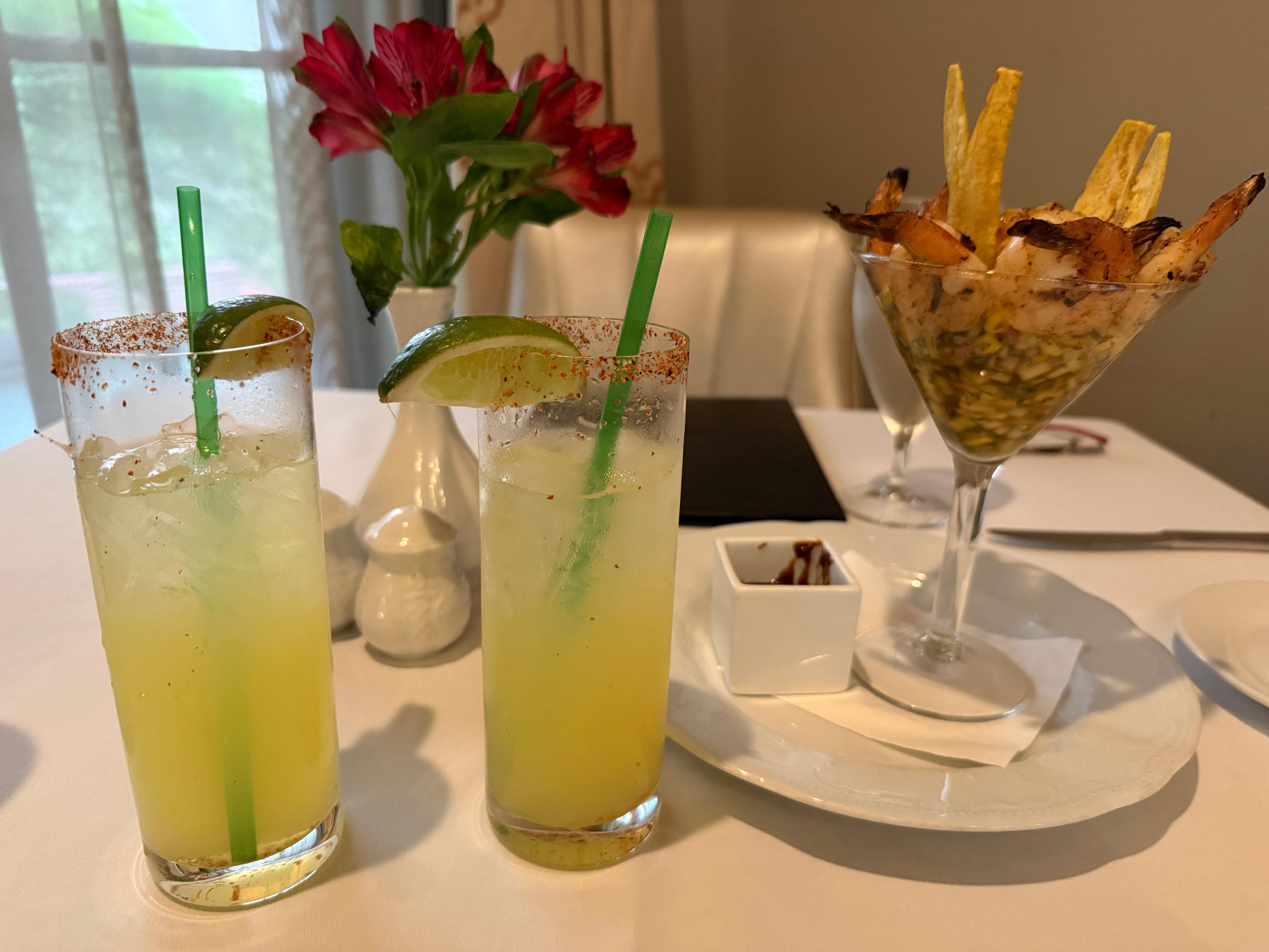 Shrimp cocktail with cucumber jalapeño margaritas. 