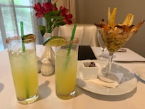 Shrimp cocktail with cucumber jalapeño margaritas.