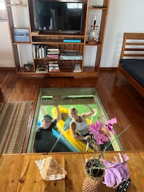 Watching the Kids enjoying the kayaks through the glass floor in the living room.