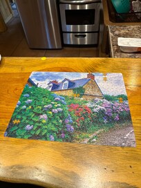 I started the puzzle on the outdoor bar while the dogs ran around the yard in back!! and then i finished it inside