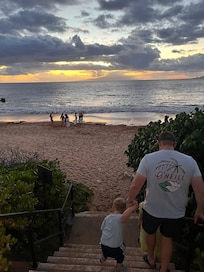 Pool to beach is about 10 stairs that our toddler could manage easily