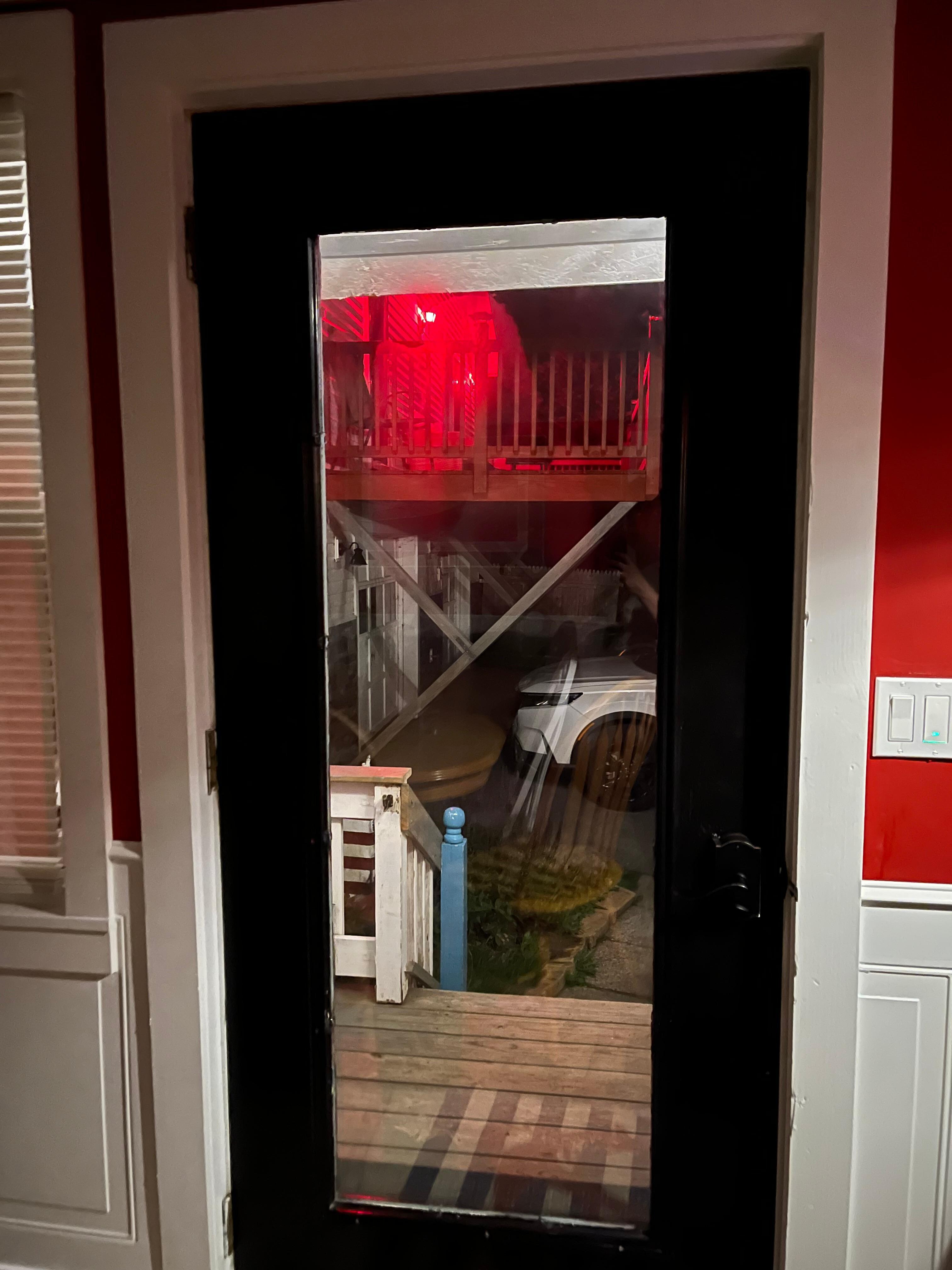 The deck outside the dining room door is to the garage rental that’s never mentioned or shown in the property listing. There were multiple people during the week coming in and out of that rental. 