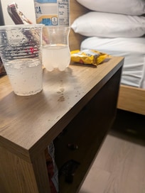 Dirty side table. The cups were ours but the dirty surface was all theirs