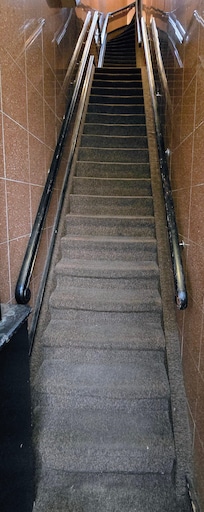Narrow stairs from street to front desk