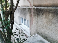 Fenêtres de la chambre à raz du sol et du passage fréquenté par les résidents